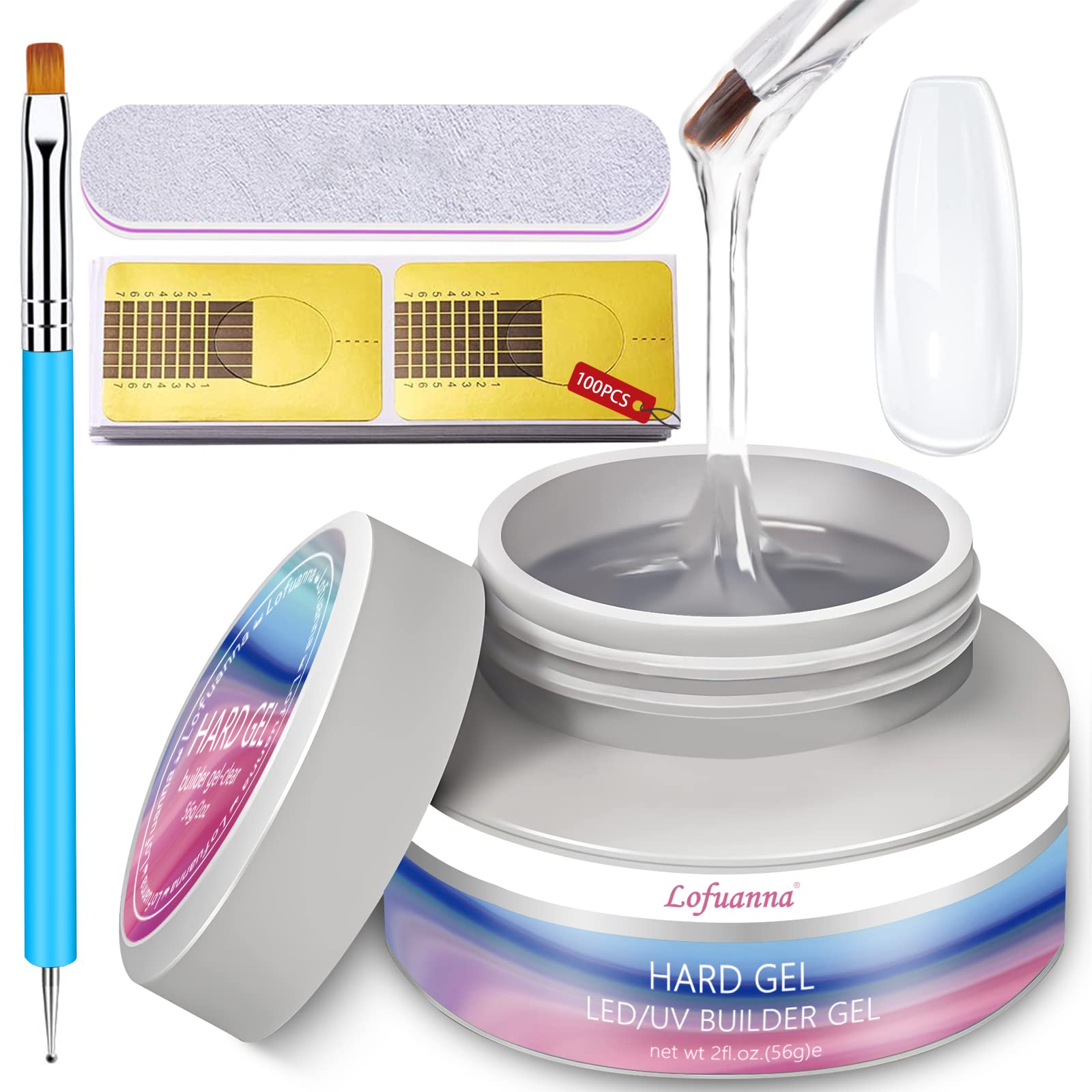 Builder Gel Lofuanna 56g LED/UV Clear Builder/Hard Gel For Nails Self-Leveling Formula Builder Gel with Nail Art Brush Nail File
