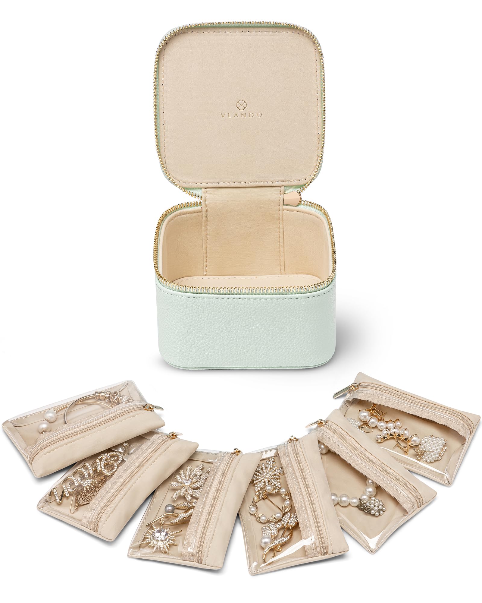Vlando Jewelry Travel Case,Travel Jewelry Organizer with Clear Velvet Jewelry Bags 6Pcs Zipper Pouch for Women Girl Gift-Mint Gr