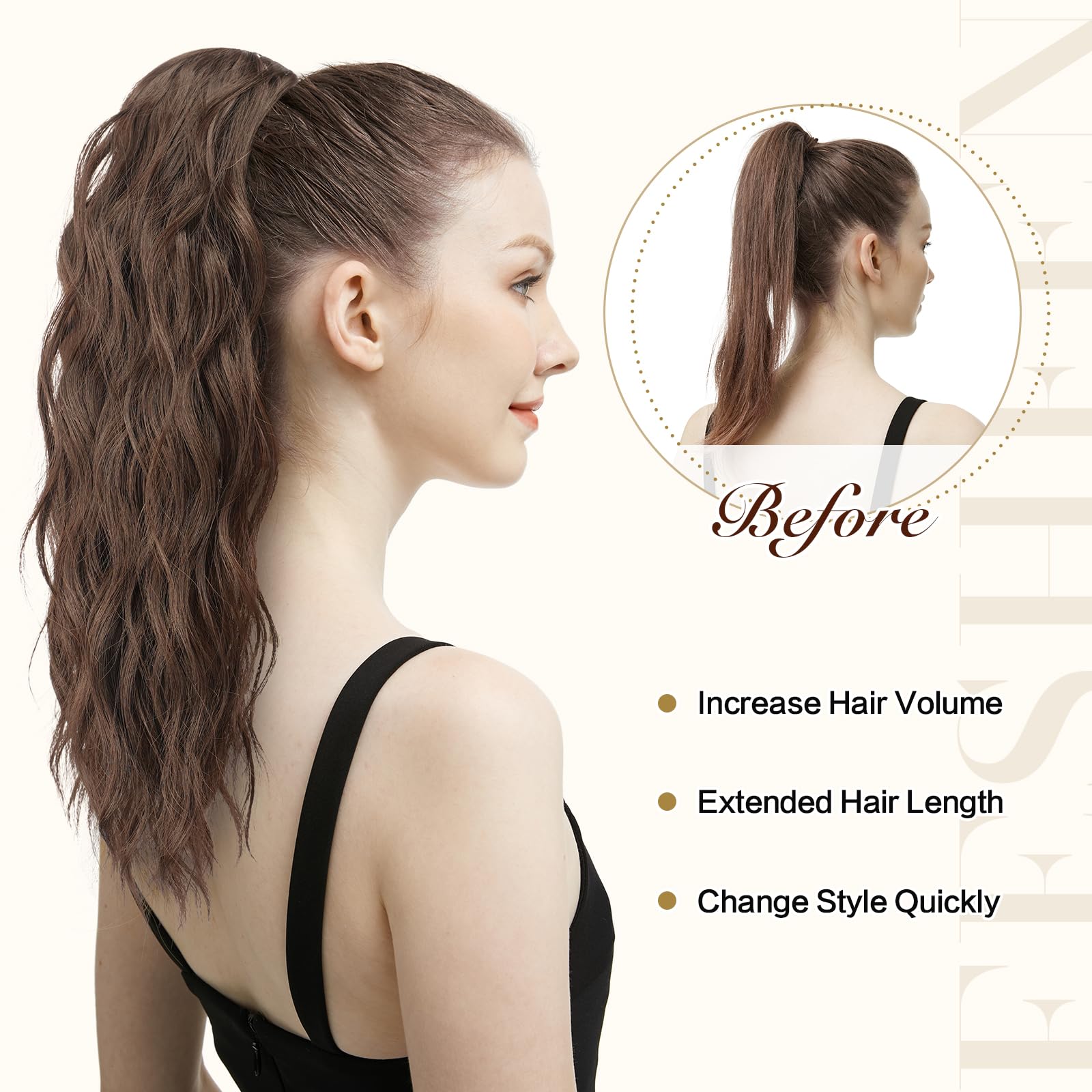 Feshfen Ponytail Extensions, Drawstring Ponytails Hair Extension Platinum Silver Blonde Long Curly Wavy Hair Piece Synthetic Pon