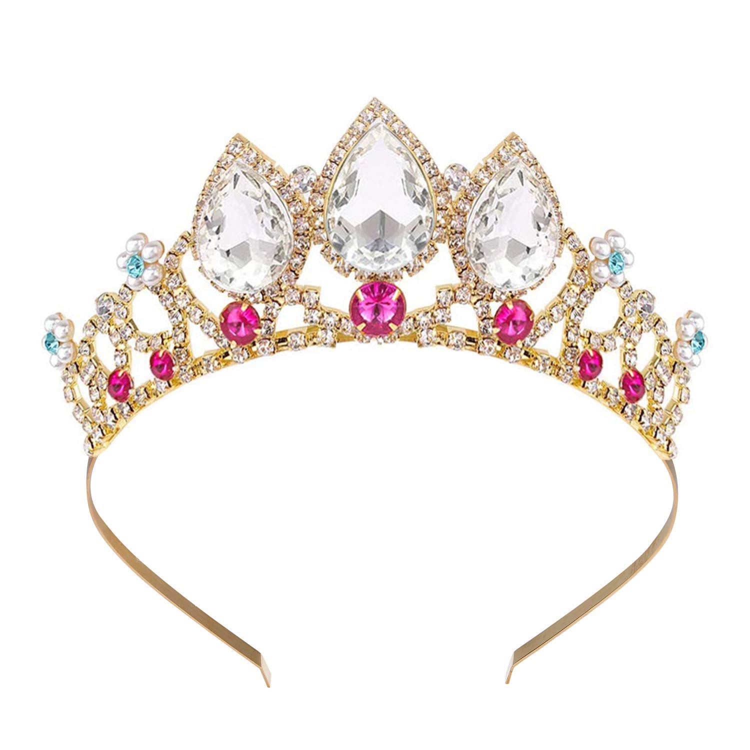 COCIDE Girls Crystal Tiara Gold Birthday Crown Rapunzel Pearl Headband for Kid Rhinestone Princess Hairpiece for Women Red Gem W
