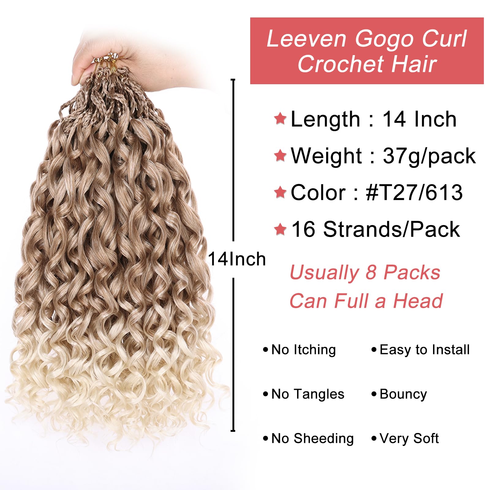 Leeven 14 Inch Gogo Curl Crochet Hair 8 Packs Pre Looped Water Wave Crochet Hair Ombre Blonde Ocean Wave Goddess Box Braids Deep