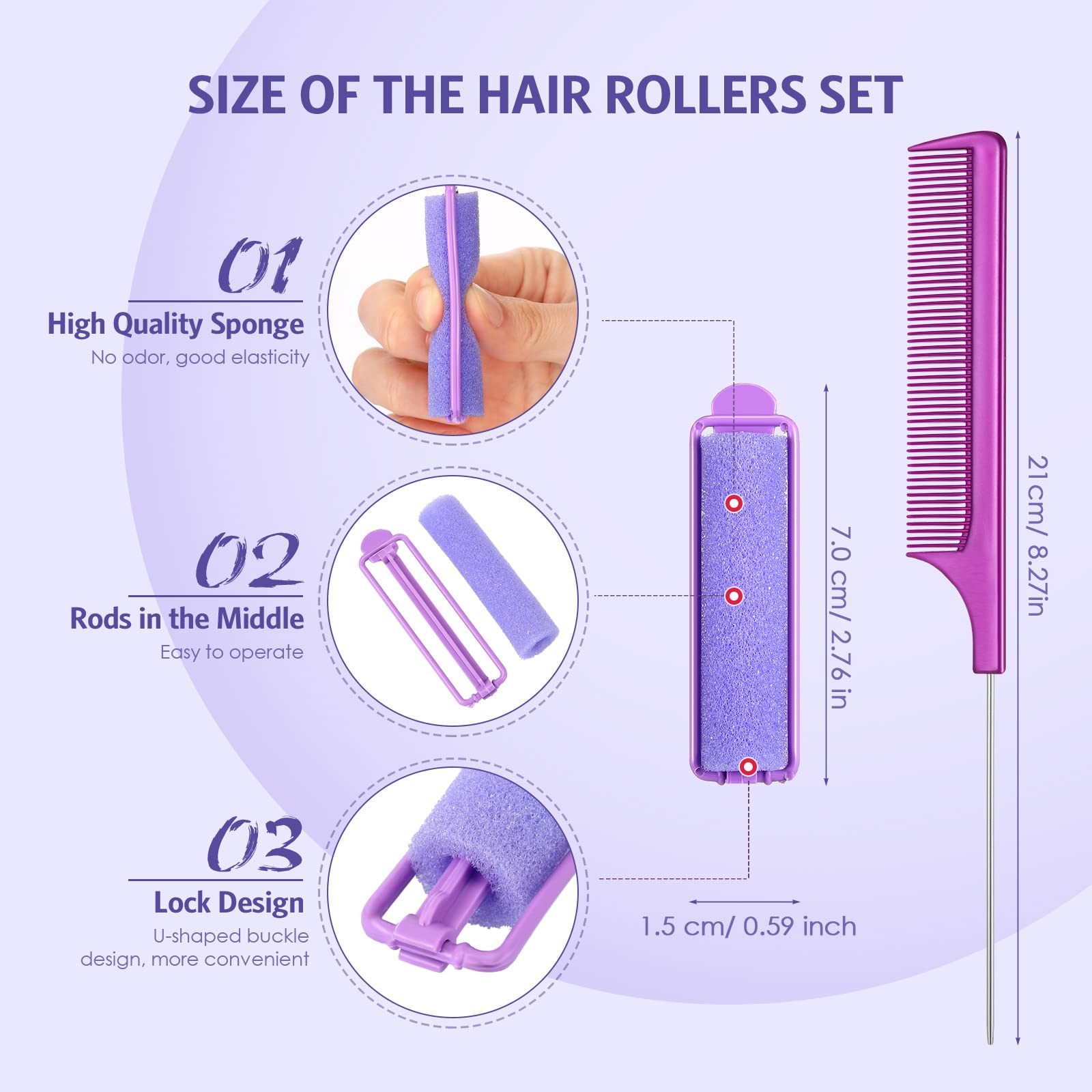 43-Piece Foam Sponge Hair Rollers Set With 42 Soft Flexible Curlers, Stainless Steel Rat Tail Comb, And Pintail Comb (Purple)