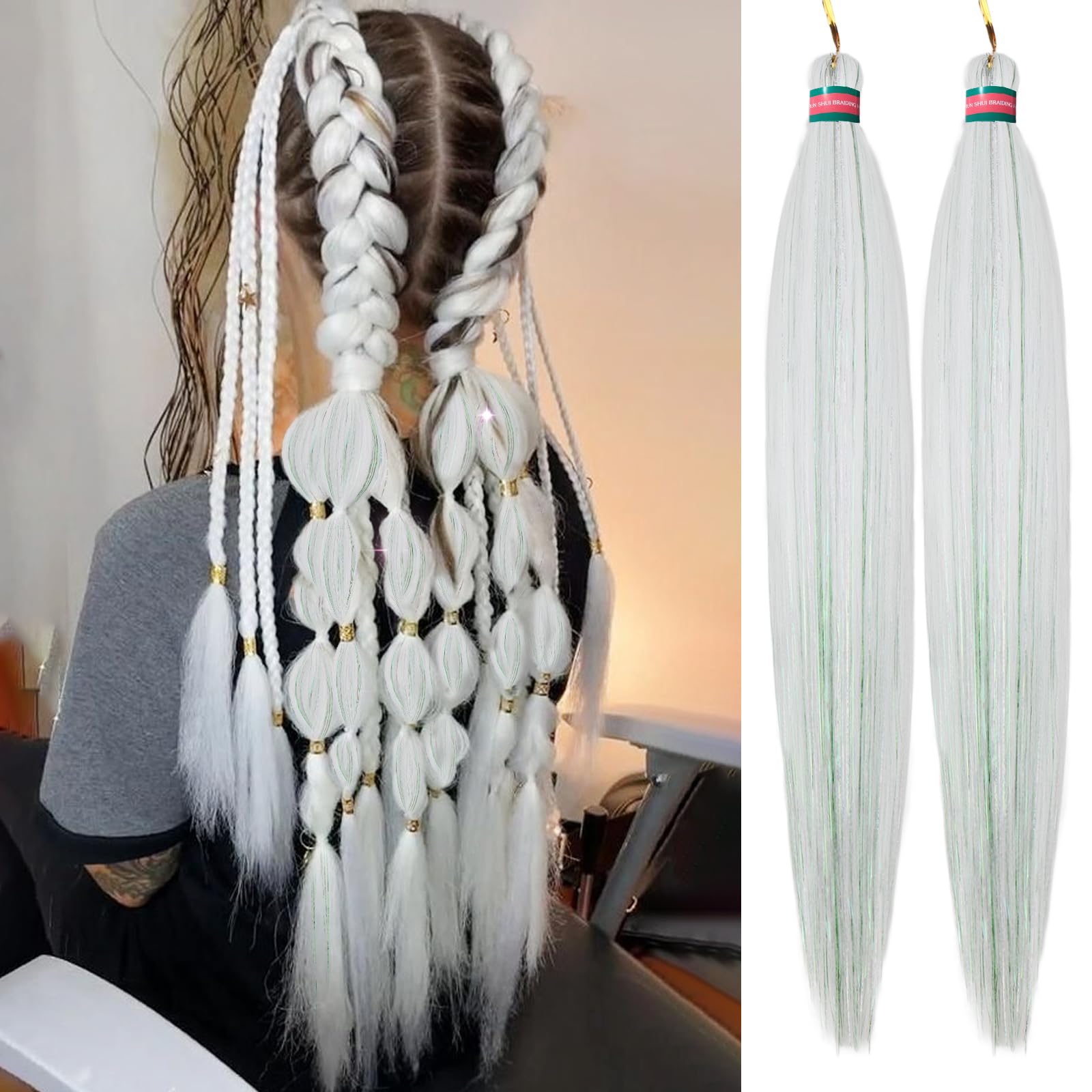 RUN SHUI Cream White Mix Tinsel Pre stretched Braiding Hair 2 Packs Pre feathered Braid Hair Extensions 30 Inches Kanekalon Hair