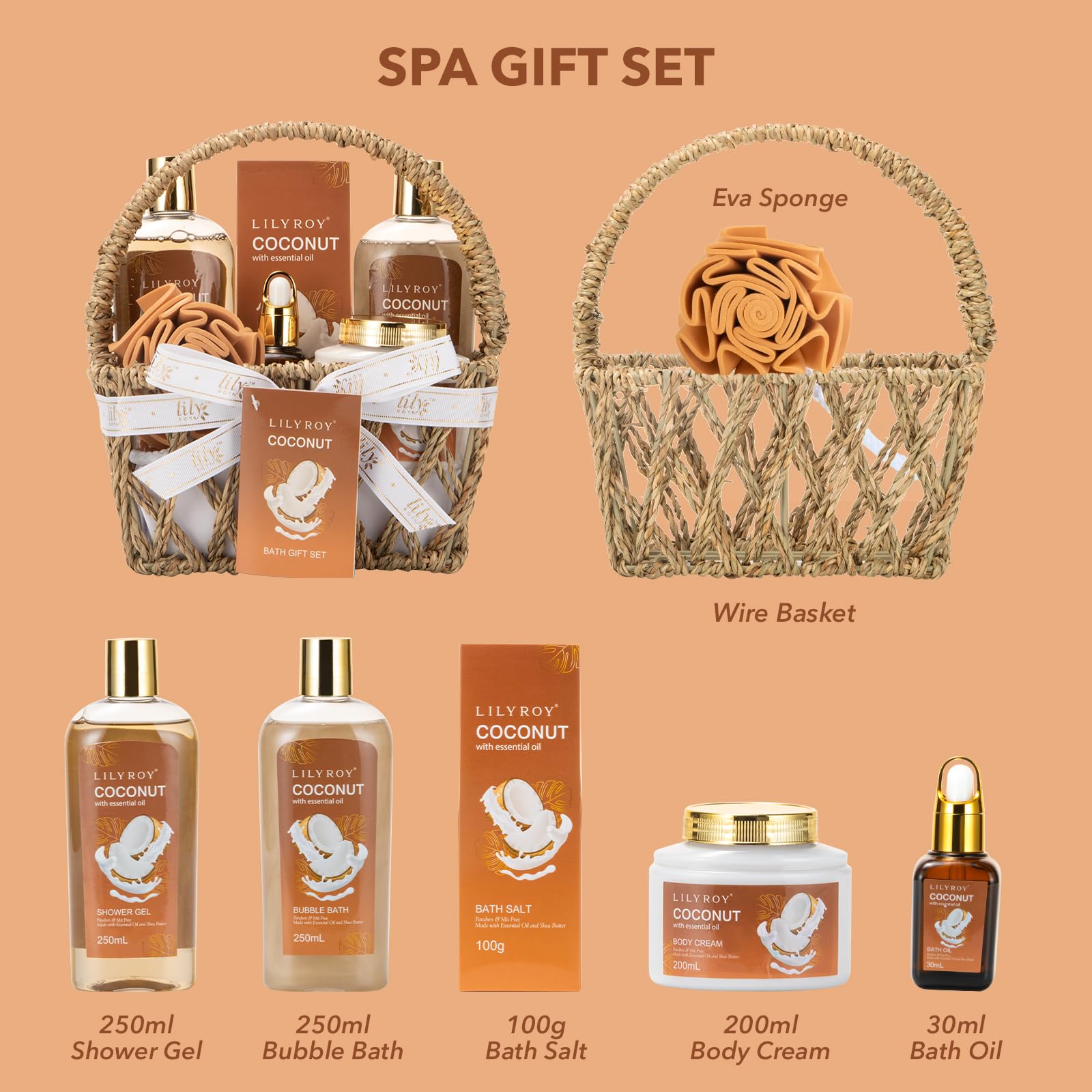 Lily Roy Coconut Spa Gift Baskets Set For Women Men 7 Pcs Bath And Body Gift Basket For Christmas Birthday Mothers Fathers Day G