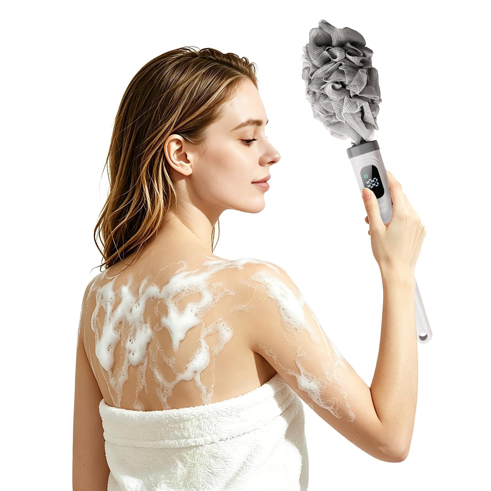 Electric Body Brush Back Scrubber for Shower, Electric Body Brush with Long Handle, Waterproof Rechargeable Bath Brush Body Scru