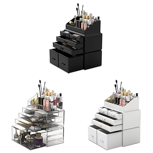 READAEER Makeup Organizer 3 Pieces Cosmetic Storage Case with 6 Drawers (Clear)