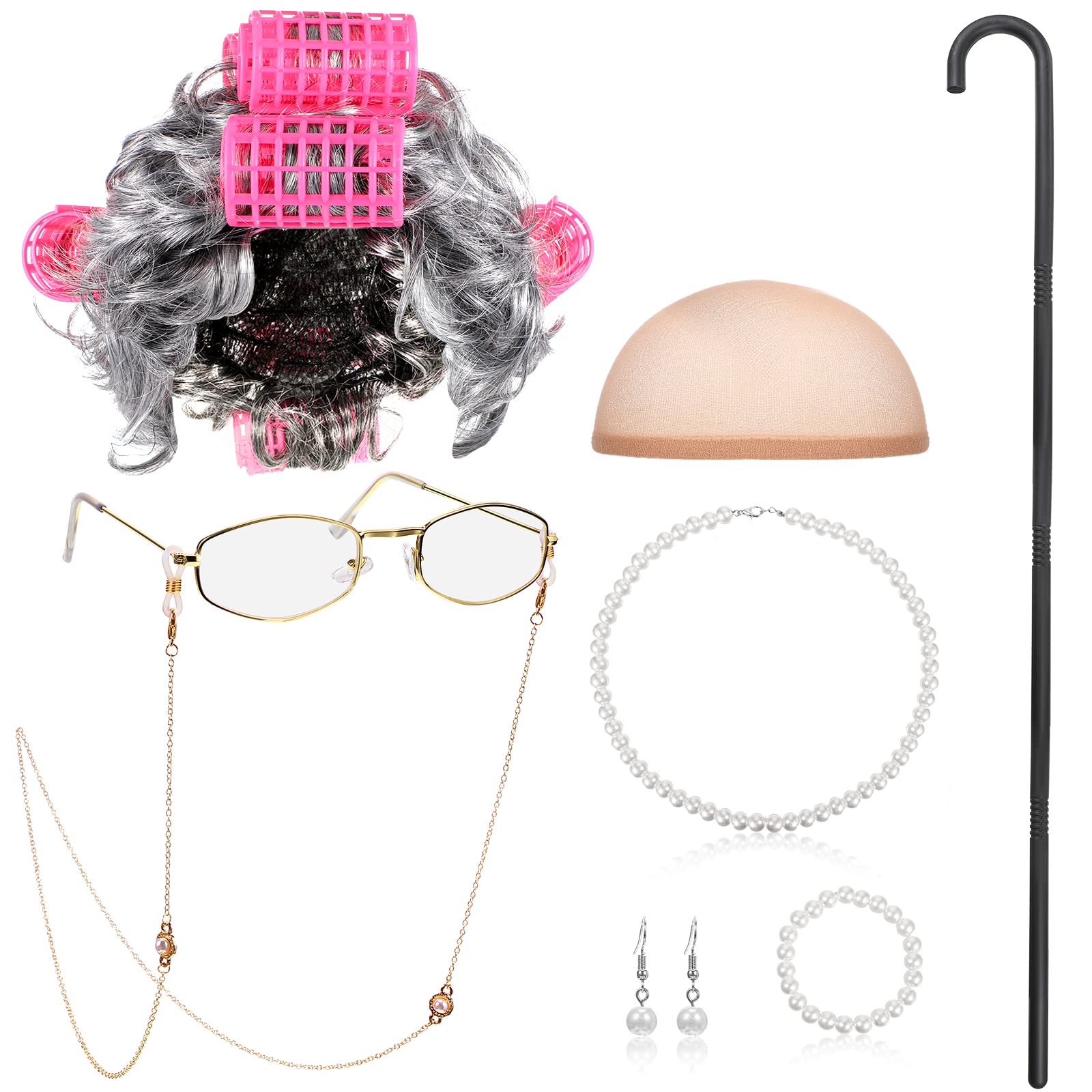 BBTO Old Lady Cosplay Set Grandma Gray Wig for Women Walking Cane Glasses Chain Cords Faux Pearl Bead Necklace(Gray Curly Wig wi