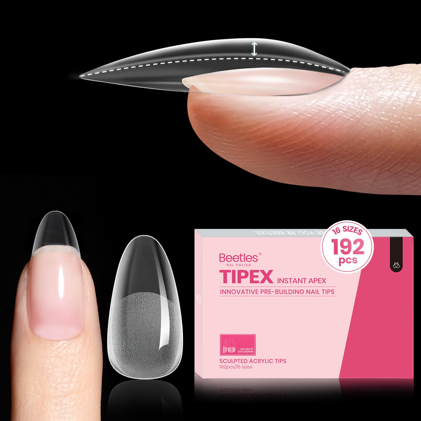Beetles Tipex Instant Apex Nail Tips, 192Pcs Medium Oval Acrylic Nails Pre-Building Pre-Etched Thicker Gel Nail Tips - 16 Sizes 