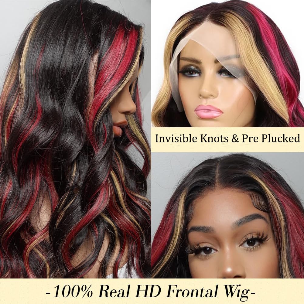 Faba Skunk Stripe Wigs Black Red Blonde Highlights Wig Human Hair 32 Inch 13X4 Hd Lace Front Wig Human Hair 180% Density Black A