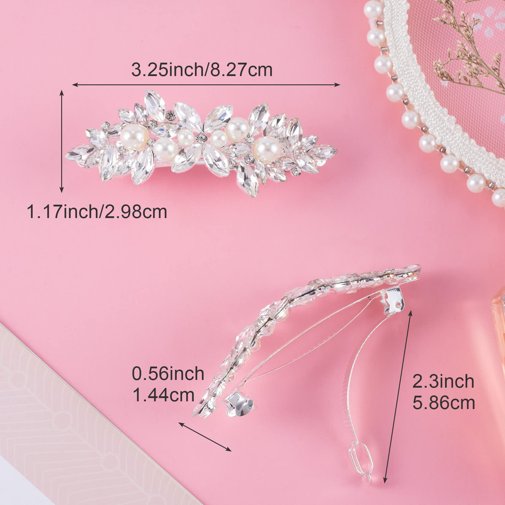 Hinzic 2Pcs Rhinestone Hair Clips Flower Hair Barrettes Crystal Pearl French Hairpins Hair Clip Sparkle Wedding Prom First Commu