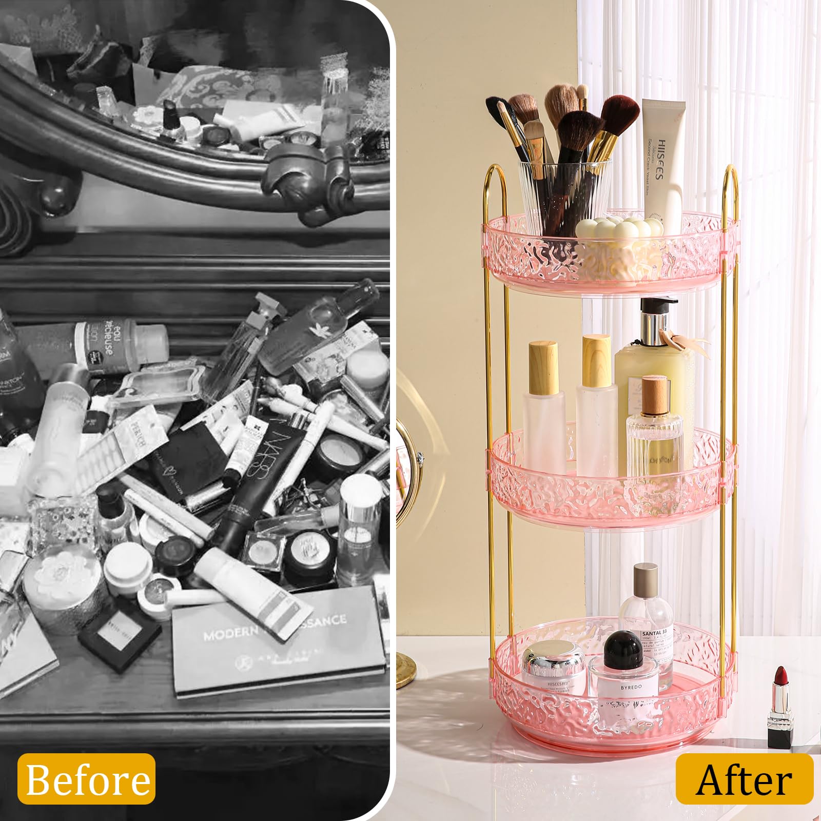 Fangoo 3 Tiers Pink Rotating Makeup Organizer For Vanity, 360 Spinning Skincare Organizers For Dresser Perfume Organizer Large S