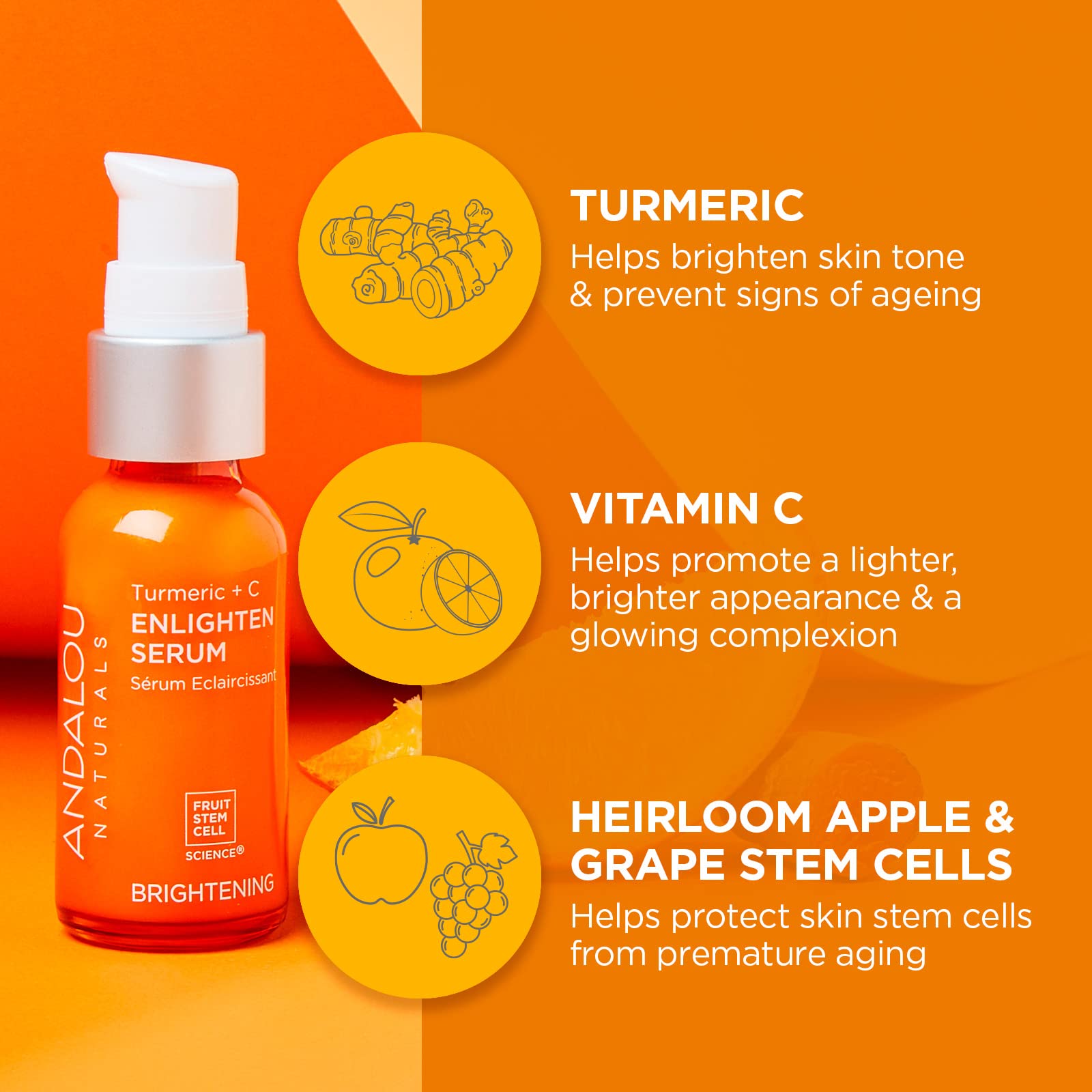 Andalou Naturals Turmeric + C Enlighten Serum, Skin Brightening, 1.1 Fl Oz, Anti-Aging, Orange, Model 95374
