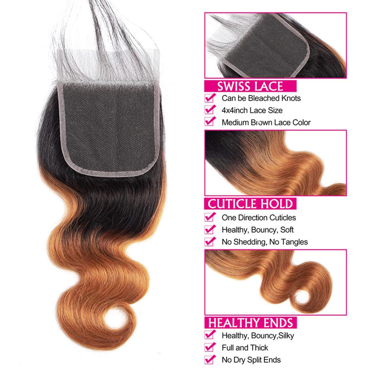 1b/30 4x4 Hd Transparent Lace Ombre Closure Brazilian Virgin Hair Body Wave 20 Inch Honey Blonde Closure Pre Plucked With Baby H