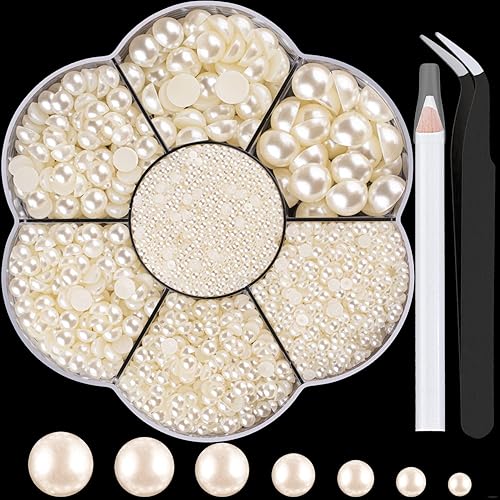 Nail Art Flat Back Half Round Pearl Kits 4, 1 Box of 5600 Pcs Flat-Back Beige Pearl with Tweezer and Picker Pencil for Home DIY