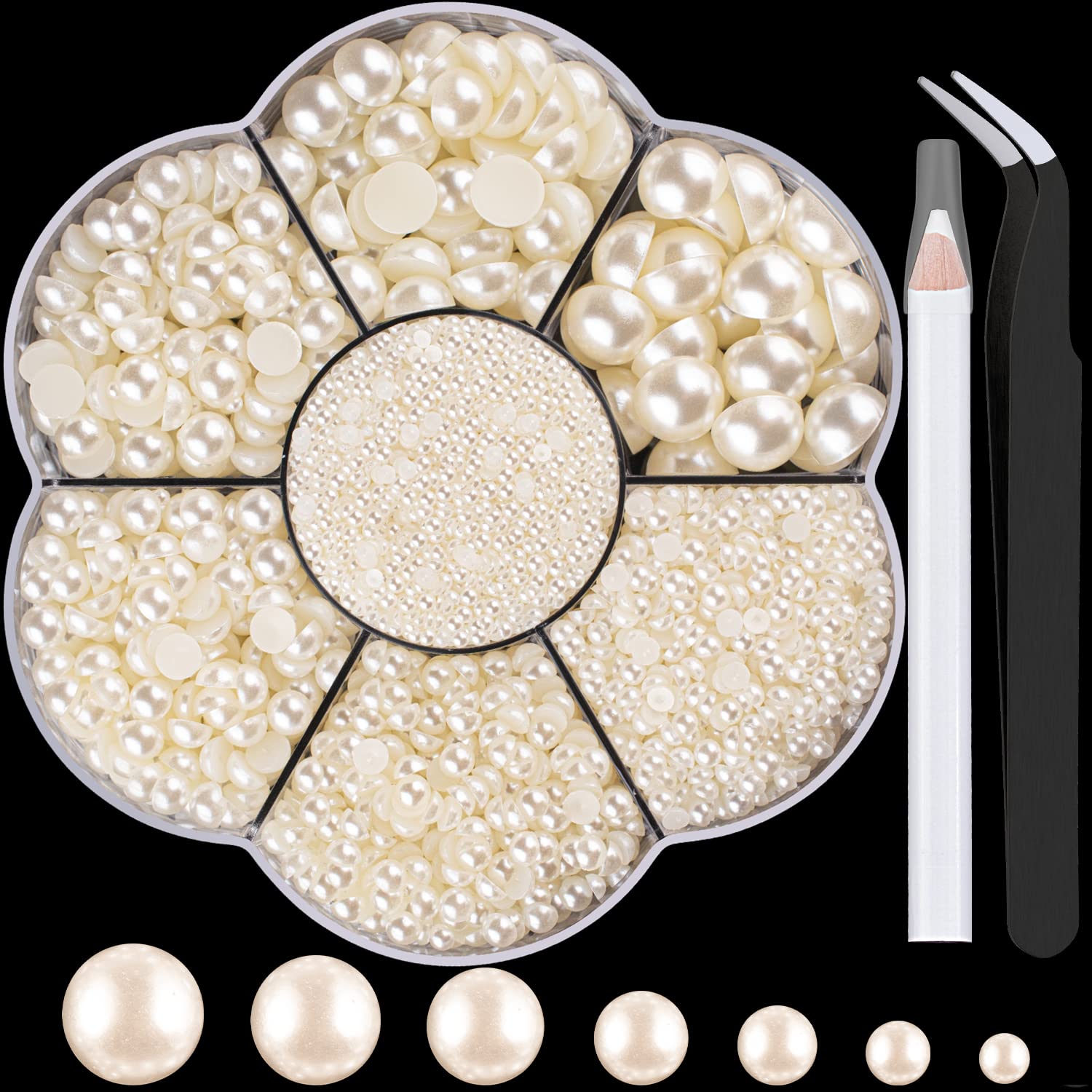 Nail Art Flat Back Half Round Pearl Kits 4, 1 Box of 5600 Pcs Flat-Back Beige Pearl with Tweezer and Picker Pencil for Home DIY