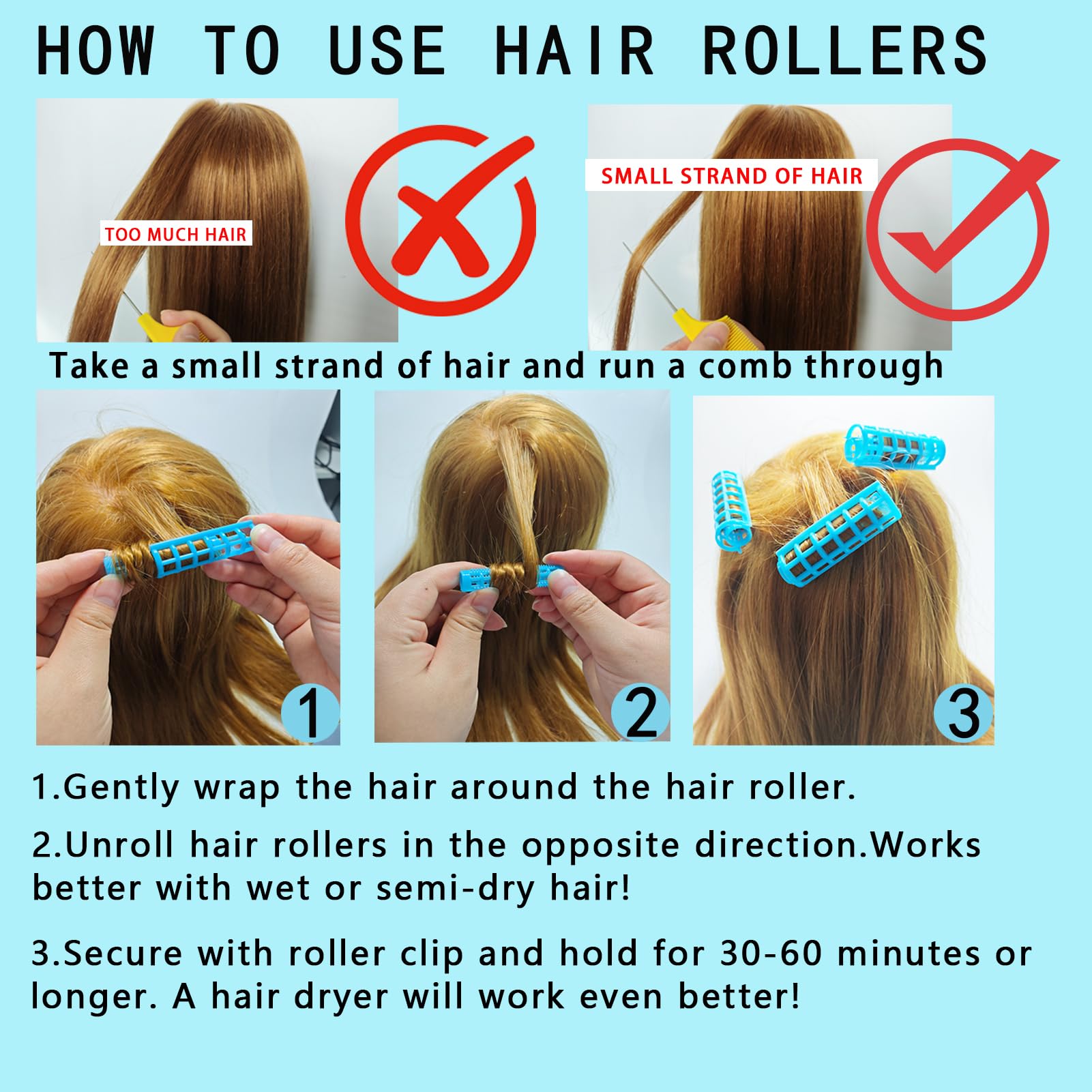 UlifeBetter 30Pcs Plastic Hair Curlers - No Heat Self Grip Rollers Set for Short & Fine Hair, 5 Sizes, Light Blue, Green, Yellow, Pink, Purple