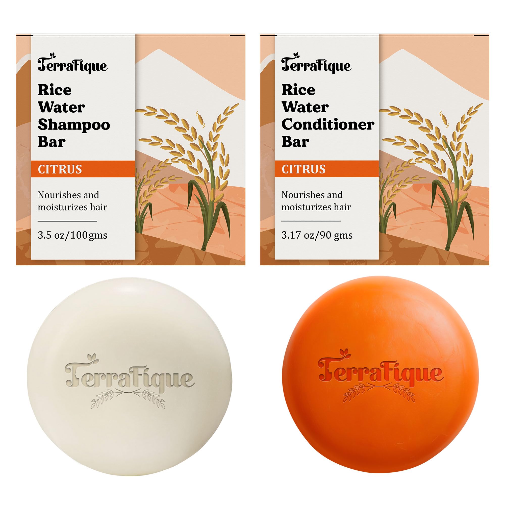 Terrafique Rice Water Shampoo And Conditioner Bar Set - Rice Water Shampoo Bar 3.5 Oz - Rice Water Conditioner Bar 3.17 Oz