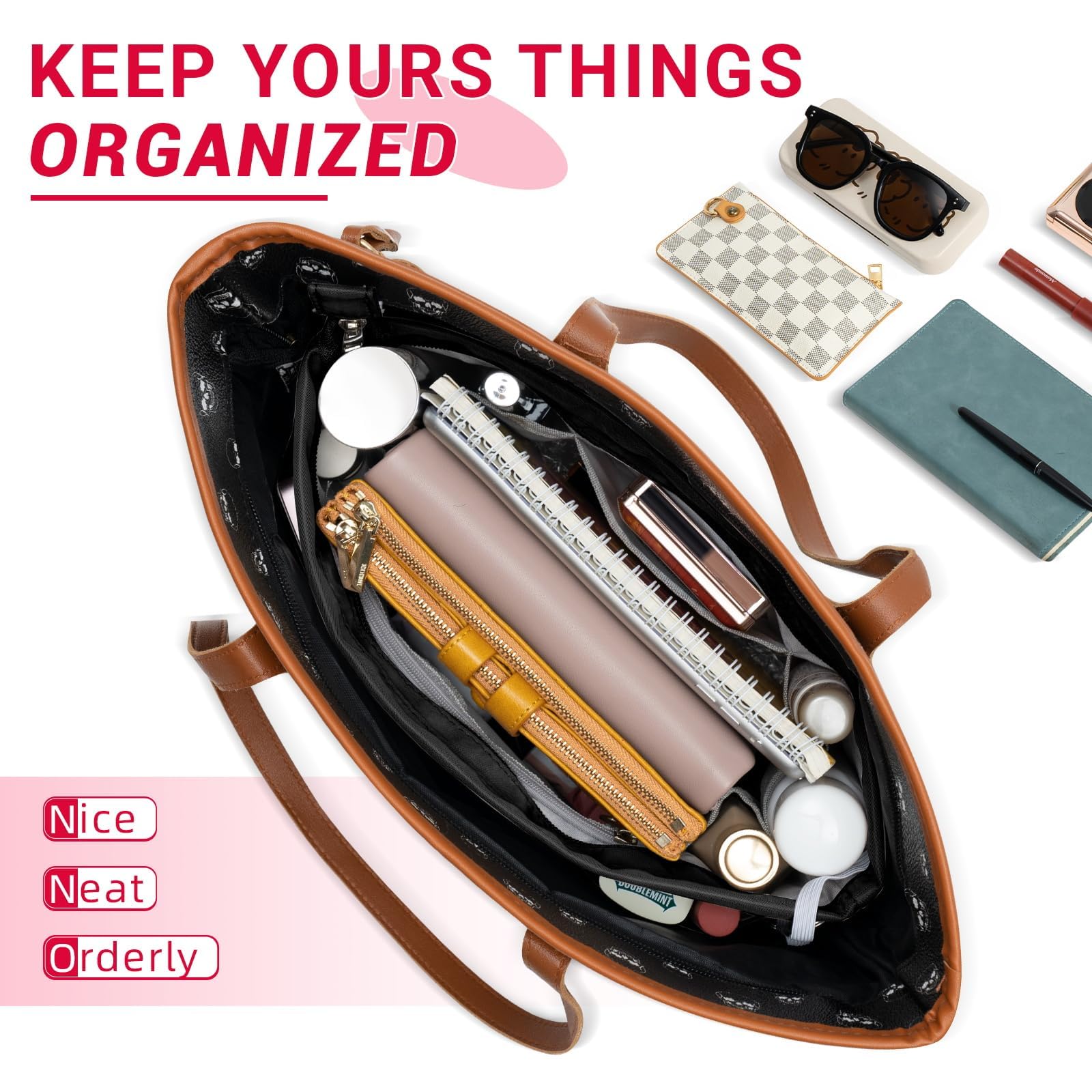 HyFanStr Purse Organizer Insert with Zipped Top for Tote Bag, Handbag Shaper with 13 Pockets, Black L