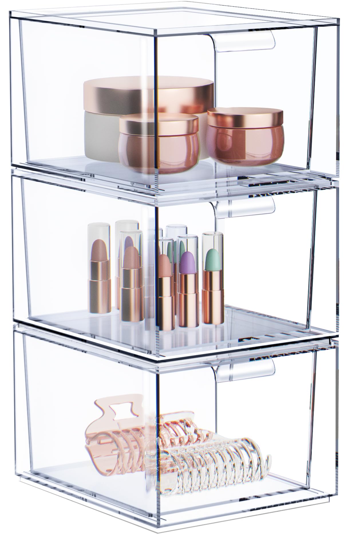 Sorbus 3 Pack Makeup Organizer - Clear Stackable Acrylic Drawer Organizer For Vanity, Bathroom, Undersink, Cabinets, Jewelry, St
