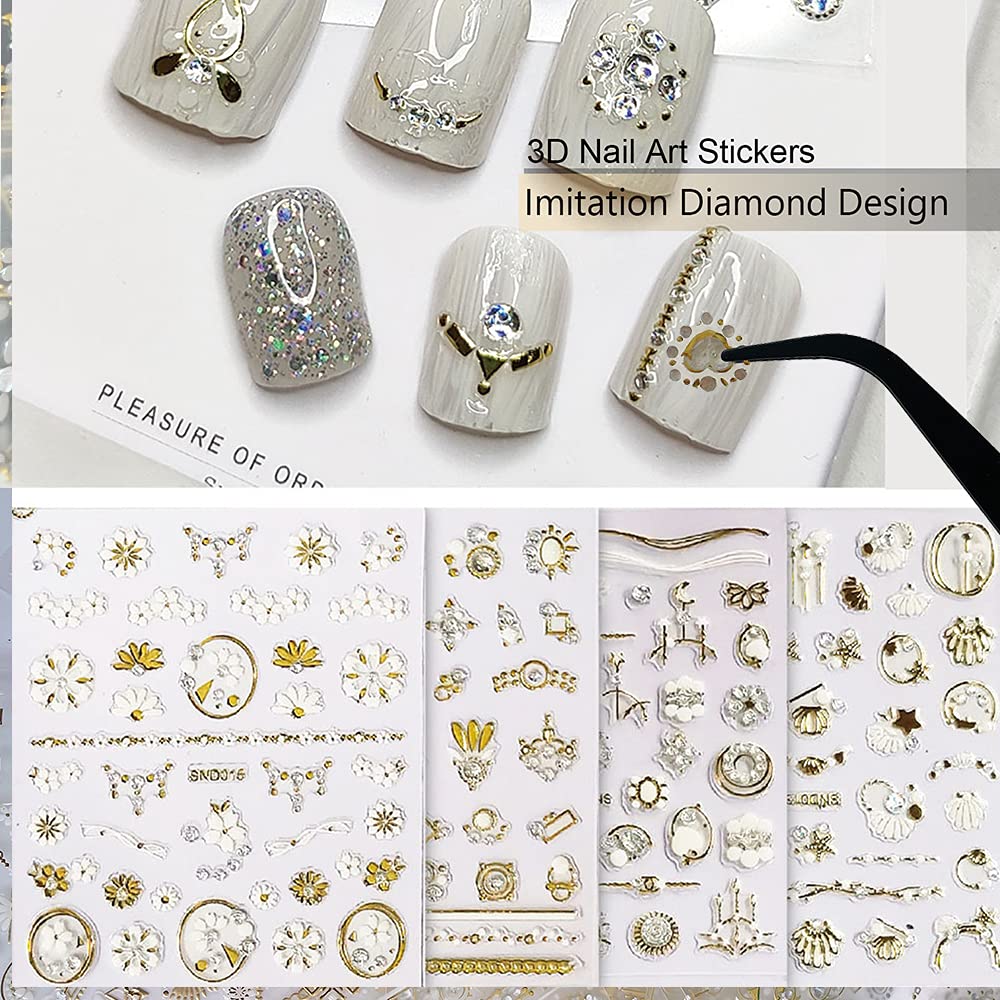 Zoance 20 Sheet 5D Embossed Nail Art Stickers,Luxury Gold Silver Nail Decals Self-Adhesive Metallic Leaves Flower Butterfly Fren