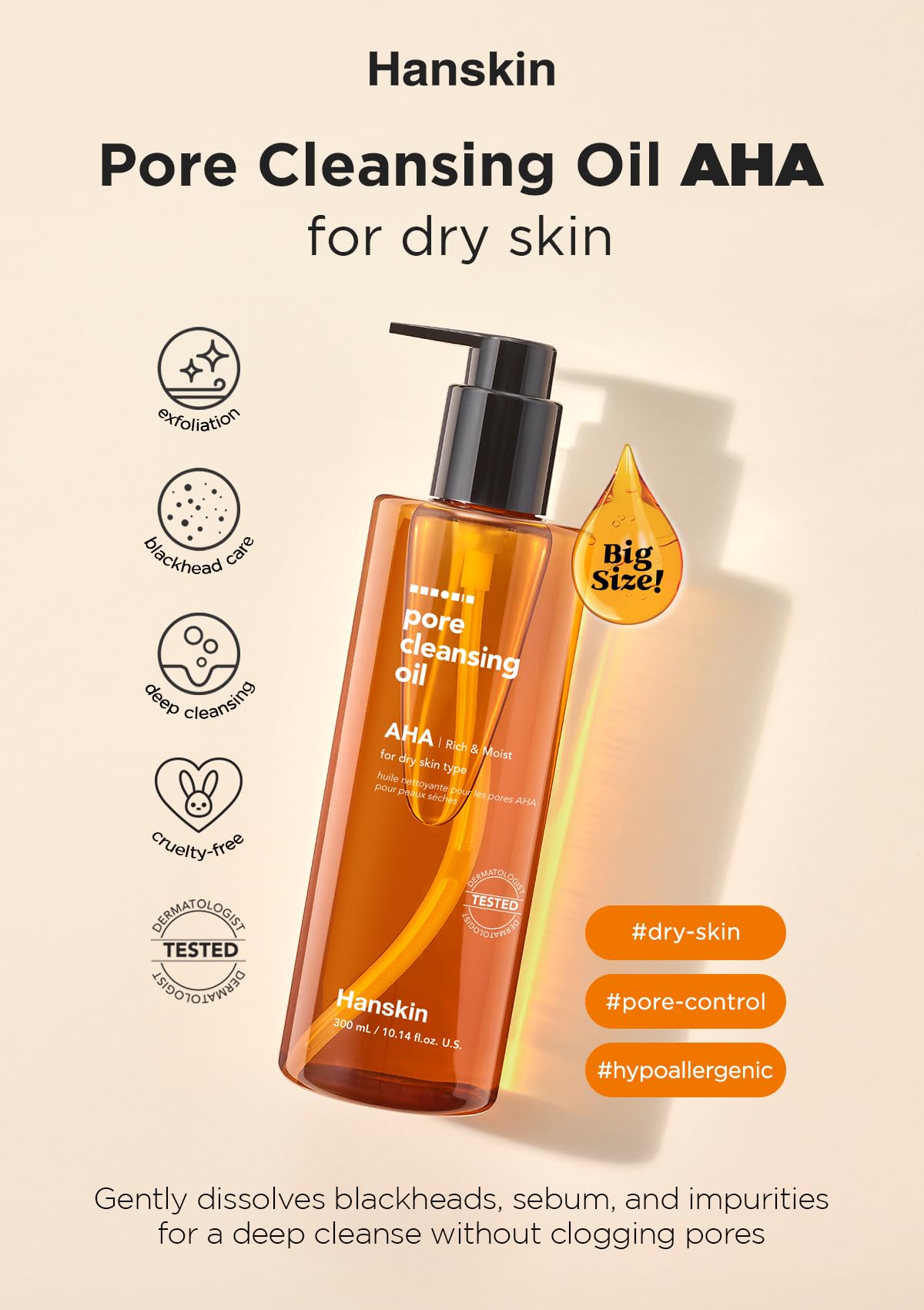 Hanskin Aha Pore Cleansing Oil For Dry Skin, Exfoliating, Waterproof Makeup Remover Facial Cleanser, Moisturizing For Soft Skin,