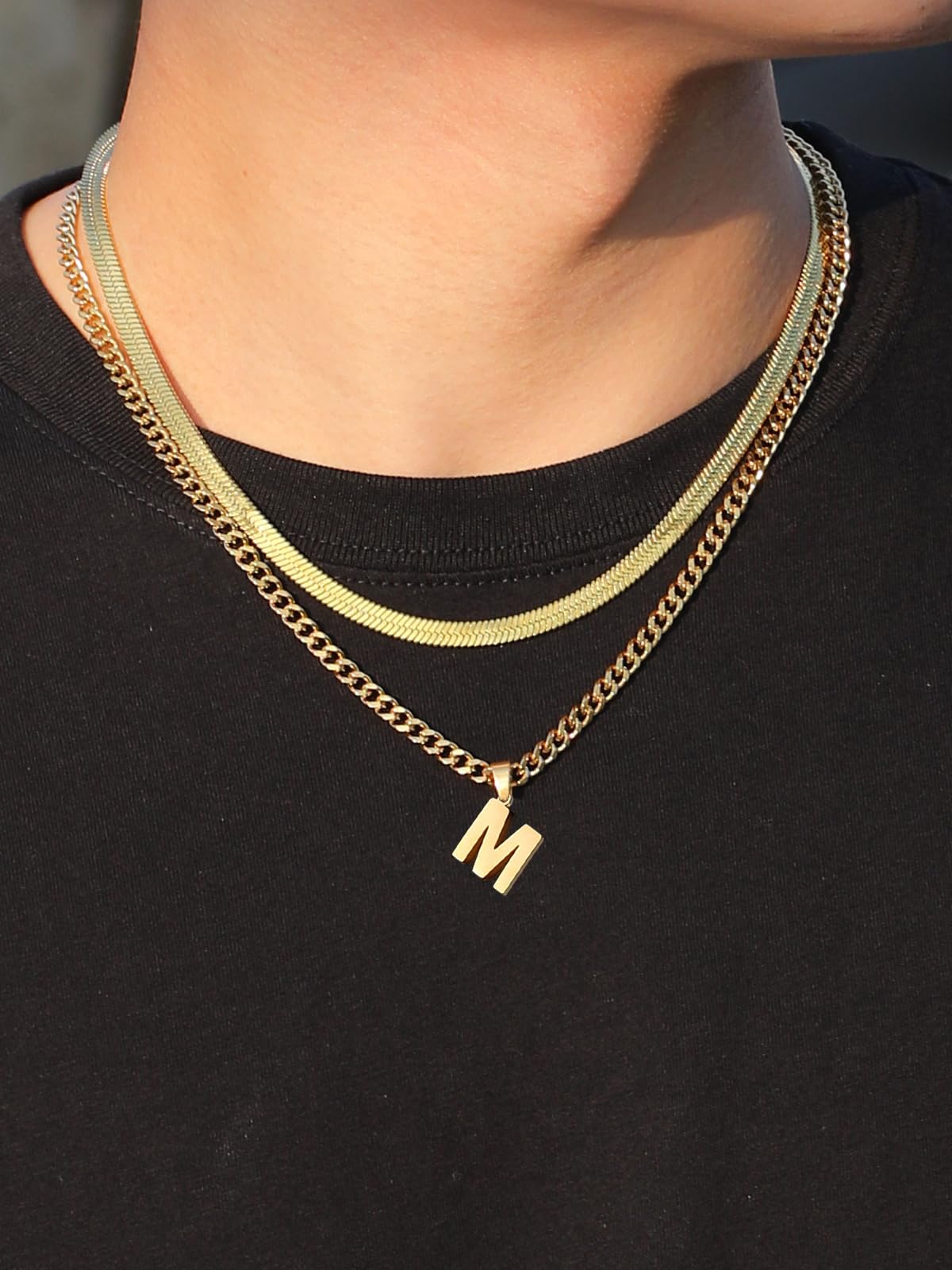 P.BLAKE Layered Initial U Pendant Necklace for Men, Stainless Steel Letter Cuban Link Herringbone Chain Jewelry Collar Cadenas P