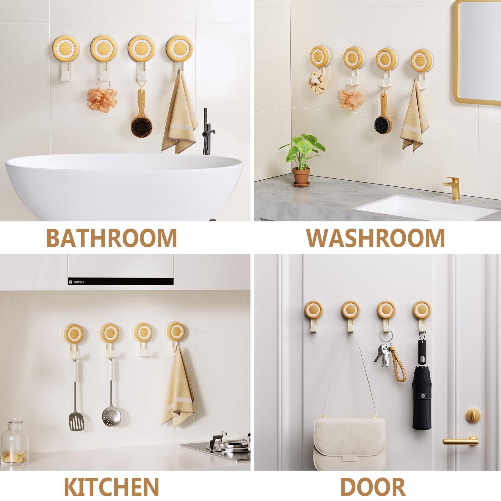 Cinola Suction Cup Hooks 4 Packs, Suction Shower Hooks Wall Waterproof, No Drill Towel Hooks for Bathrooms, Kitchen, Glass, Door