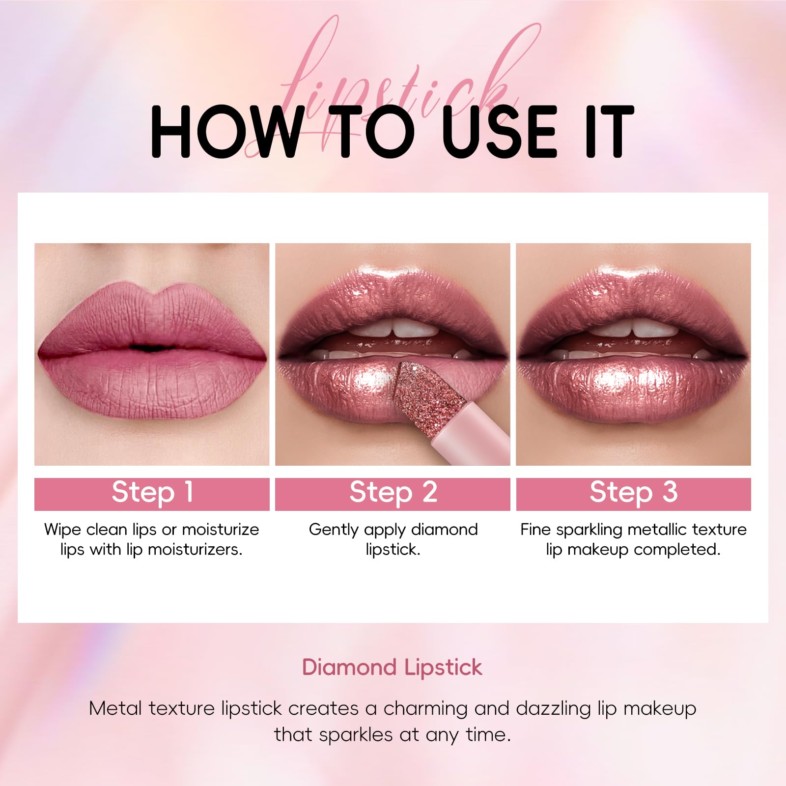 Hosaily Metallic Glitter Rose Red Lipstick For Women, Long Lasting High Shine Diamond Creamy Lipstick Transfer Proof, Shimmer Hi