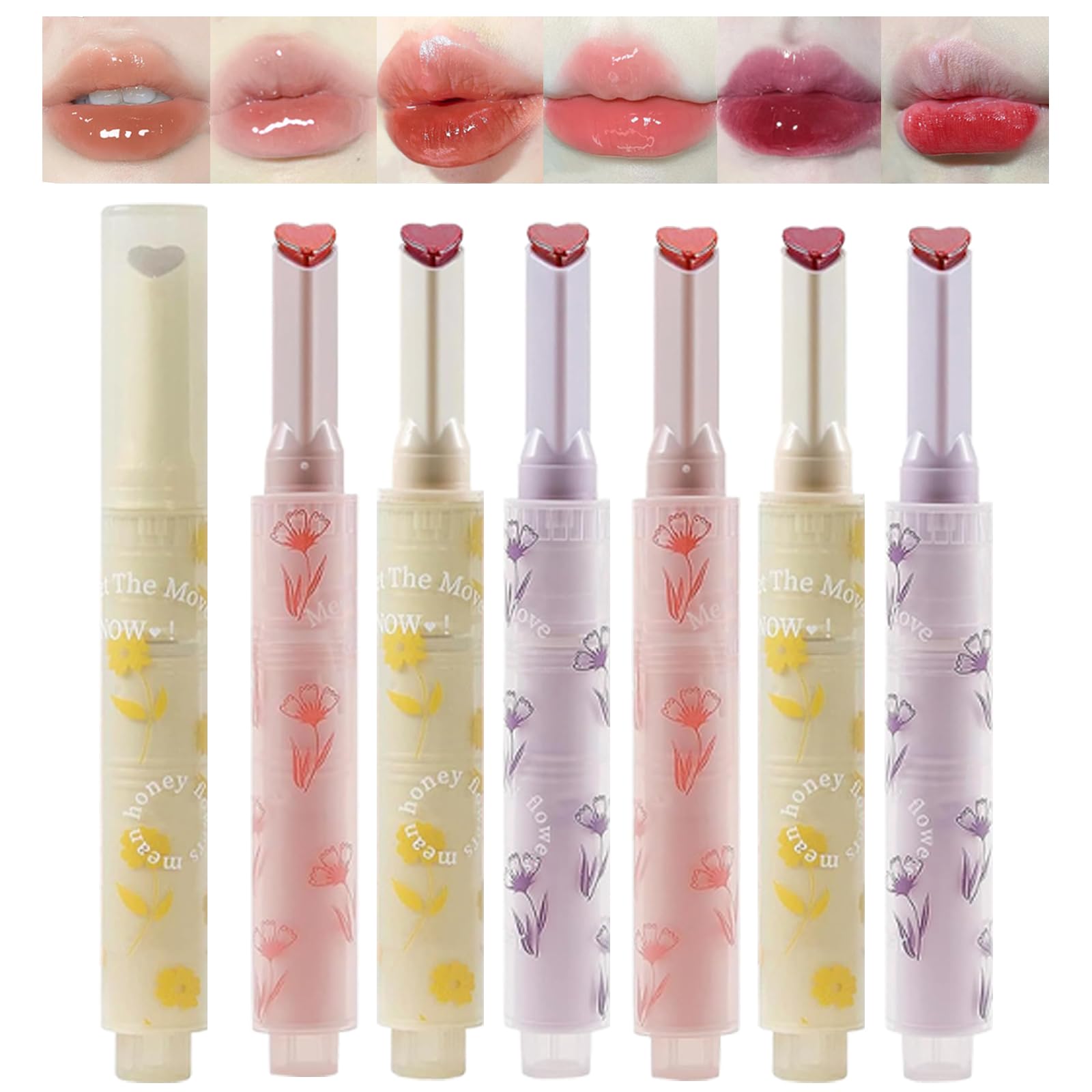 Domality 6pcs Flower Jelly Lipstick Set, 6 Colors Heart Shape Moisturizing Lip Glaze, Glossy Hydrating Lip Gloss, Mirror Effect 