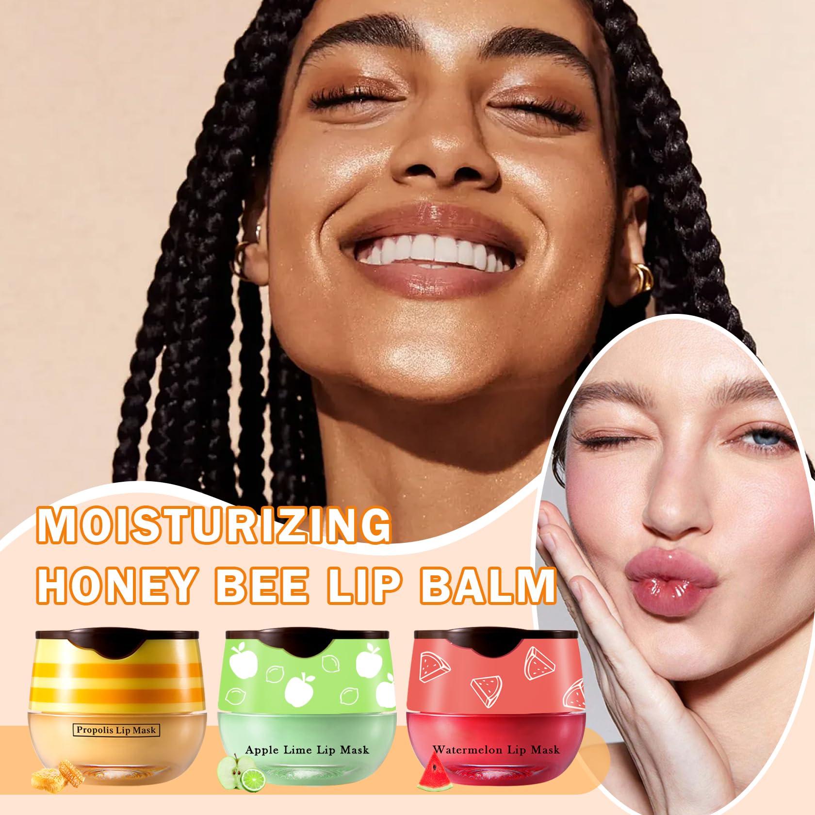 ZHISHUDL Bee Lip Balm 3PCS Set - Moisturizing Honey, Watermelon & Green Apple - Hydrating Lip Care for All Skin Types
