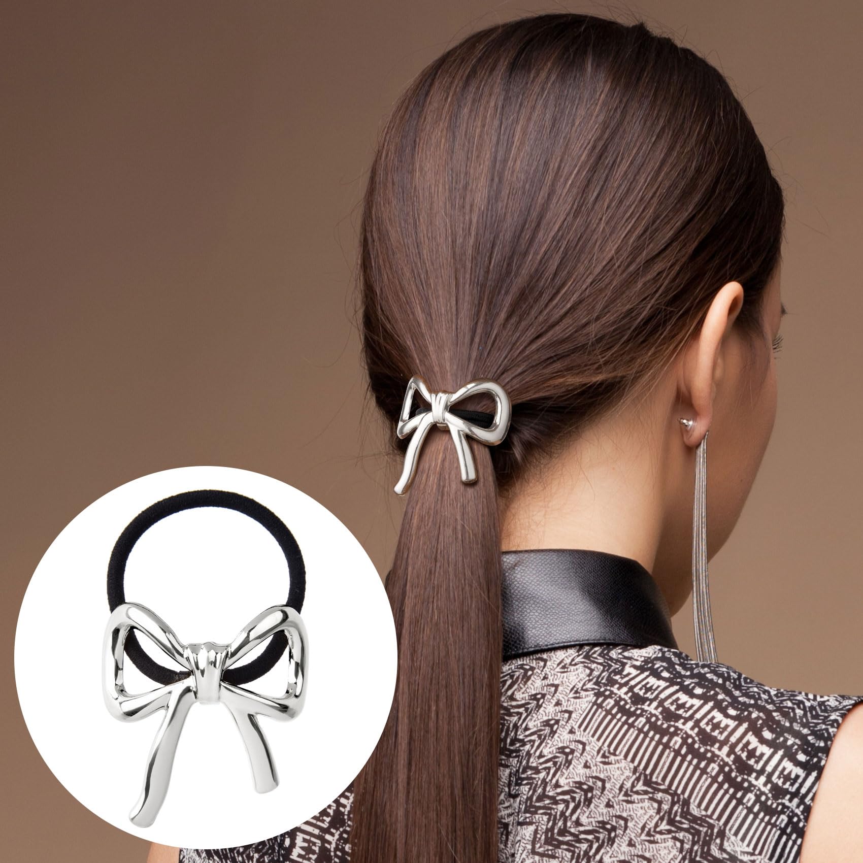 Hinzic 2Pcs Bow Hair Ties Gold Silver Bowknot Hair Scrunchies Elastics Metal Ponytail Holder Christmas Valentines Hair Accessori