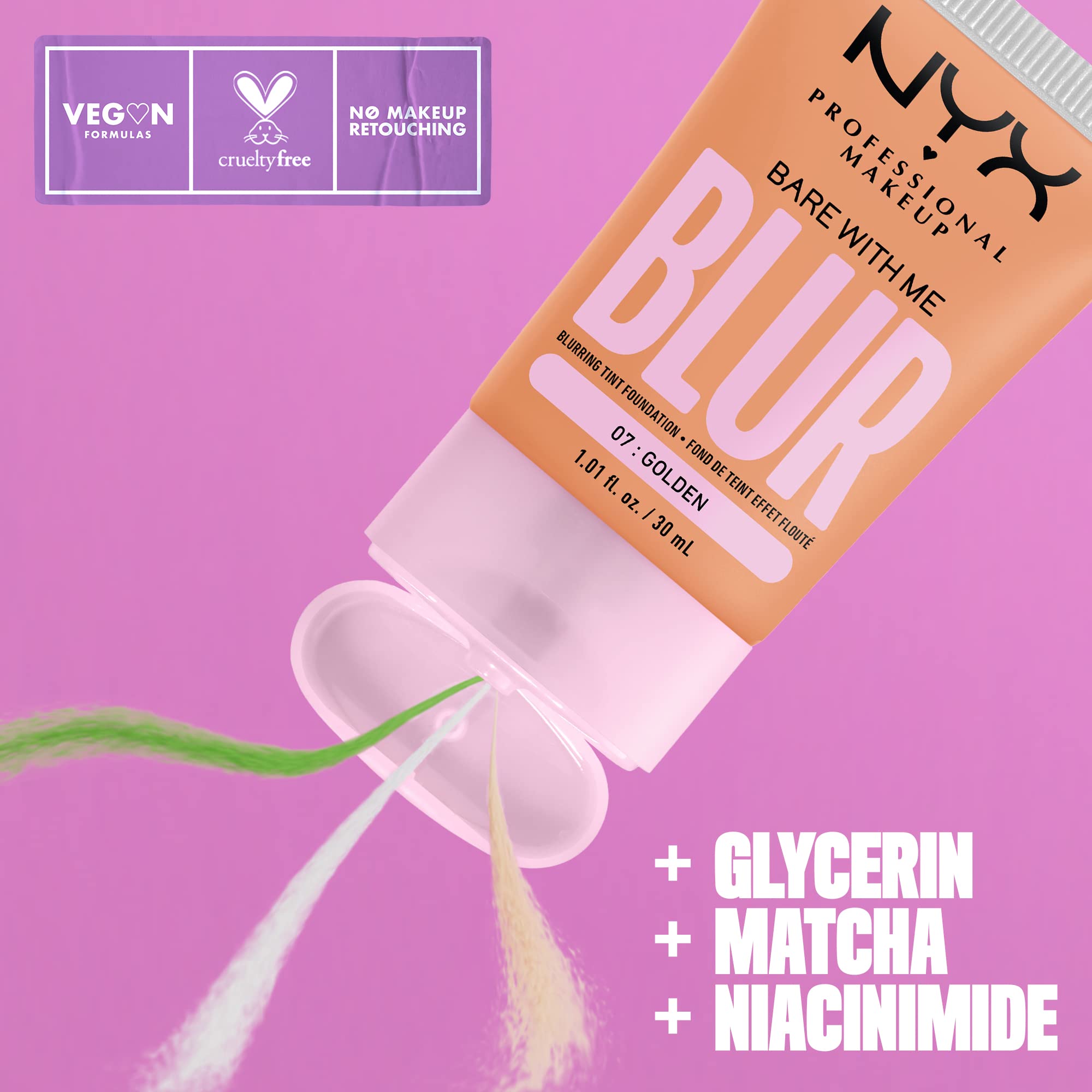 NYX PROFESSIONAL MAKEUP Bare With Me Blur Skin Tint Foundation Make Up with Matcha, Glycerin & Niacinamide - Golden