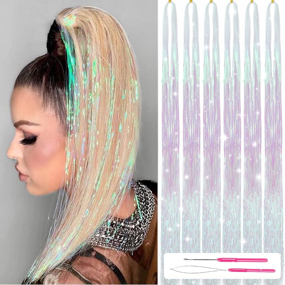 Hair Tinsel Kit With Tools 47Inch 1200 Strands Fairy Hair Tinsel 6Pcs Highlights glitter Hair Extensions Sparkling Shiny Hair Ex