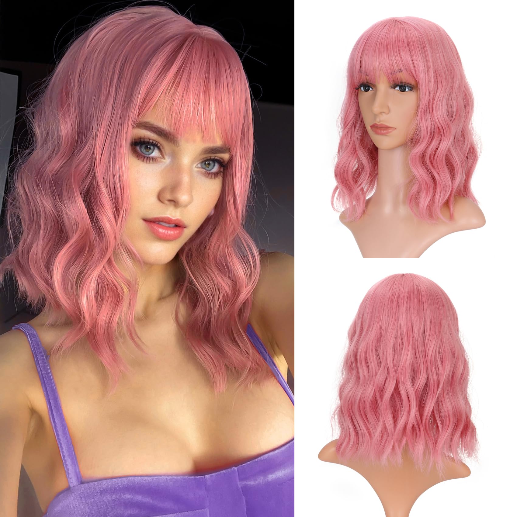 Vckovcko 14Inches Loose Wave Bob Wig Wavy Pink Bob Wig With Air Bang Curly Hair Wigs Synthetic Cosplay Party Wigs For Women (14I