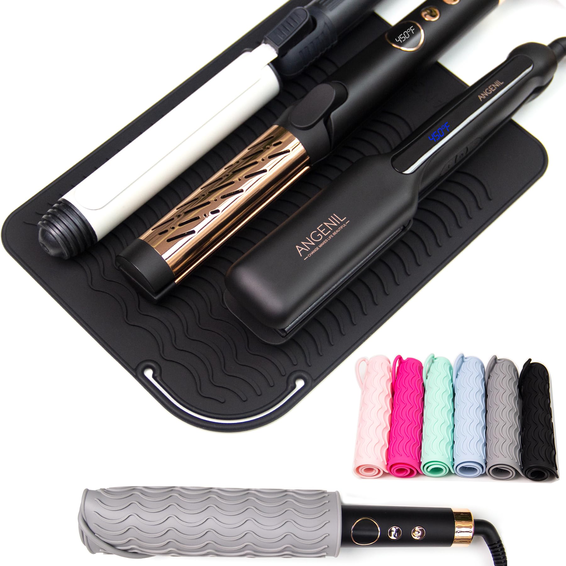 ANGENIL Large Heat Resistant Silicone Mat Sleeve Pad for Hair Straightener Curling Irons Styling Tools, Titanium Ceramic Flat Ir