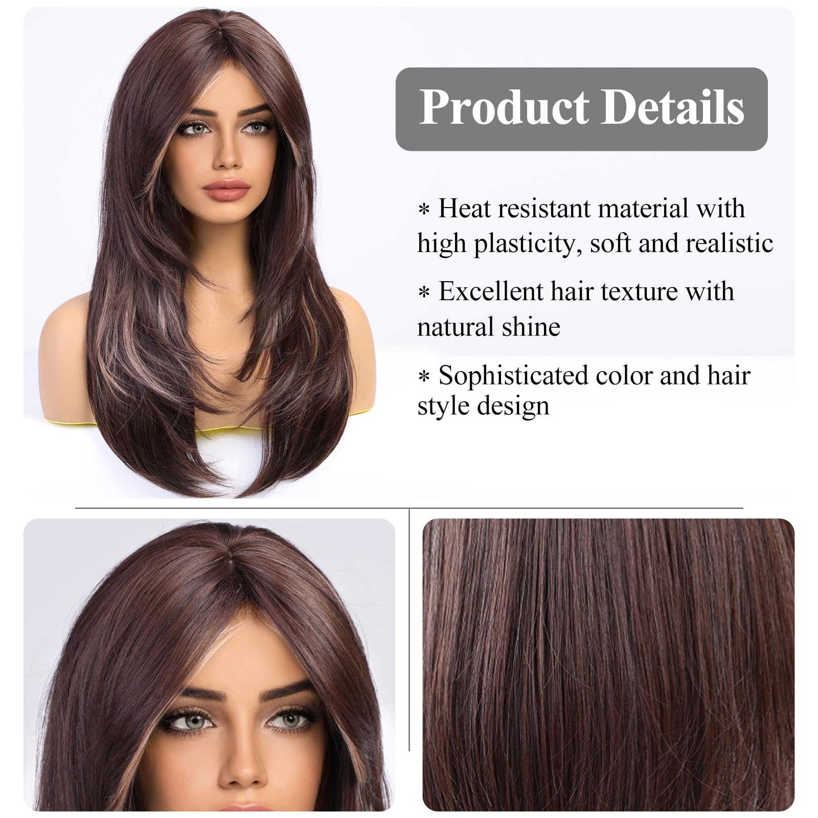 Haircube Brown Wigs For Women,Long Layered Brown With Blonde Highlight Wigs With Bangs Heat Resistant Synthetic Fibre Wigs