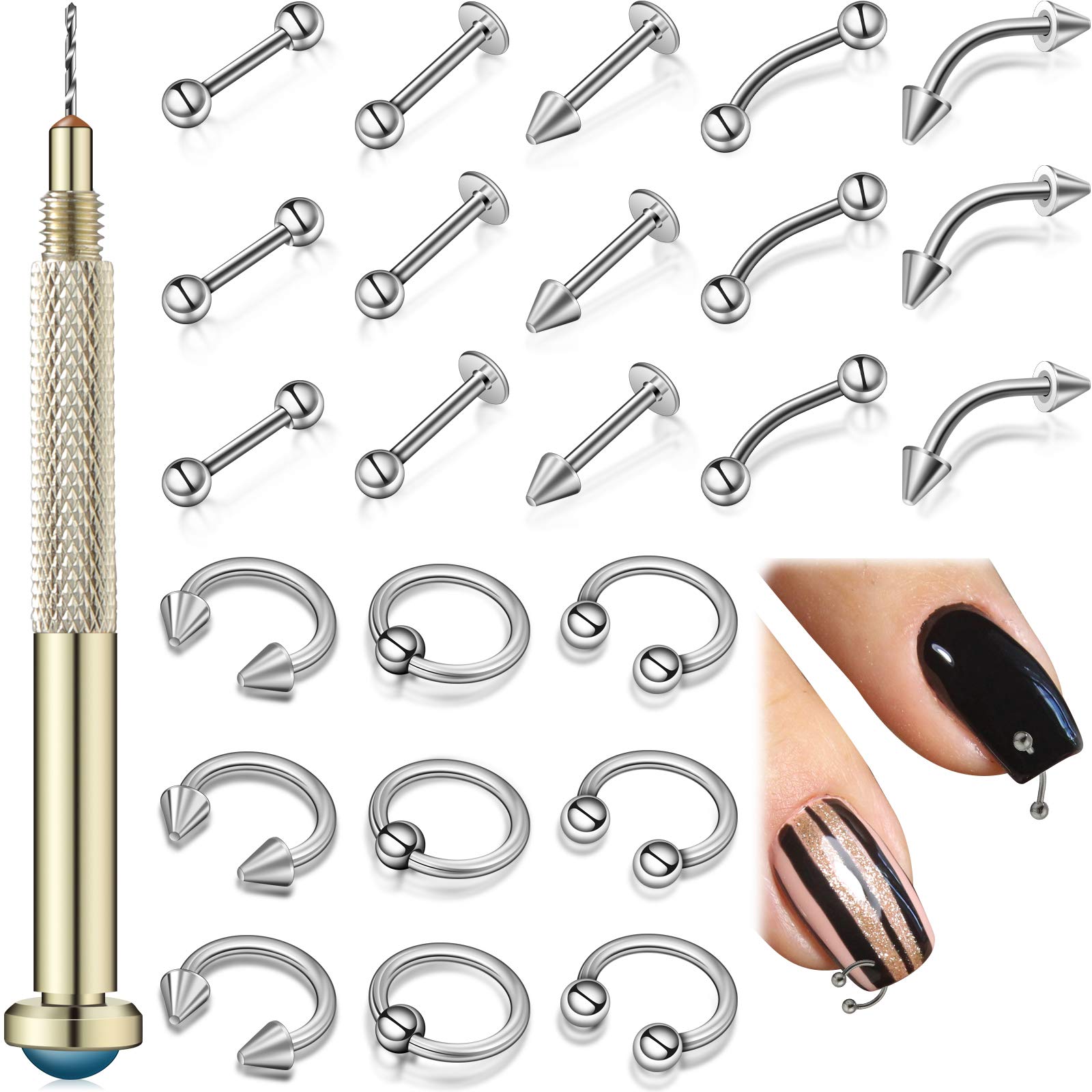 25 Pieces Nail Dangle Charms with Nail Piercing Tool Hand Drill, Nail Jewelry Rings Nail Charms Pierced Nail Supplies for Tips, 