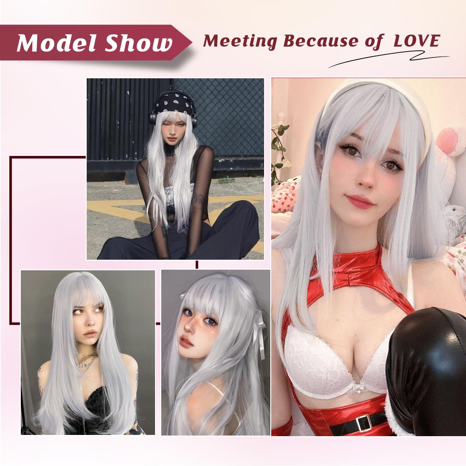 Entranced Styles White Wig With Bangs Long Straight White Wigs For Women Cosplay Wigs For Gril Natural Hairline Heat Resistant S