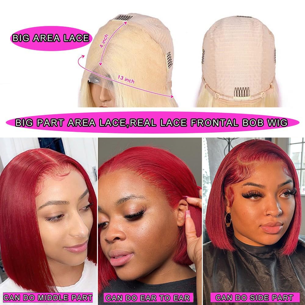 Hd Transparent Glueless Pre Plucked 13X4 Straight Dark Red Burgundy Bob Wig Human Hair Lace Front Wigs With Baby Hair 100% Unpro