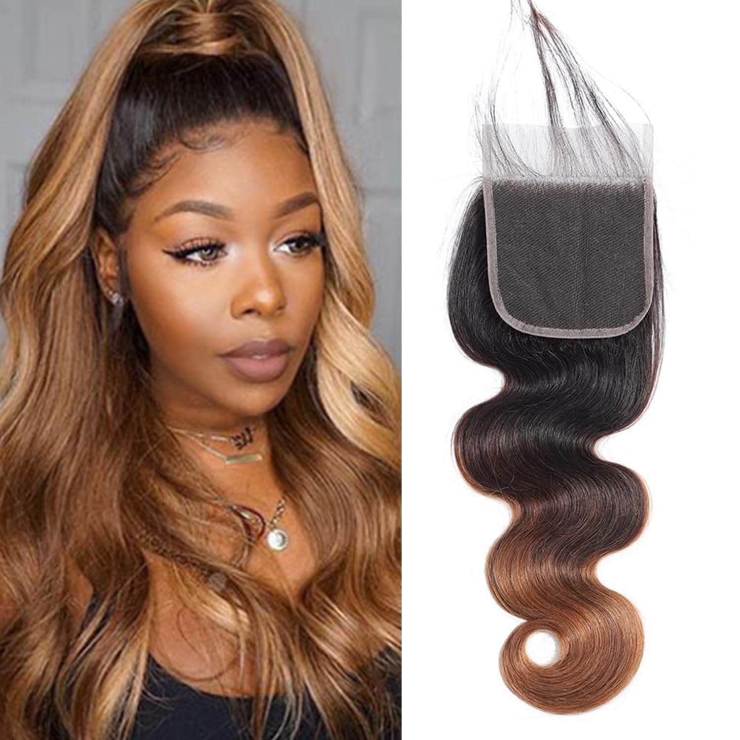 1B/30 Closure Ombre Lace Closure Brazilian Virgin Hair Body Wave 16 Inch Honey Blonde Closure Only Pre Plucked With Baby Hair Tr