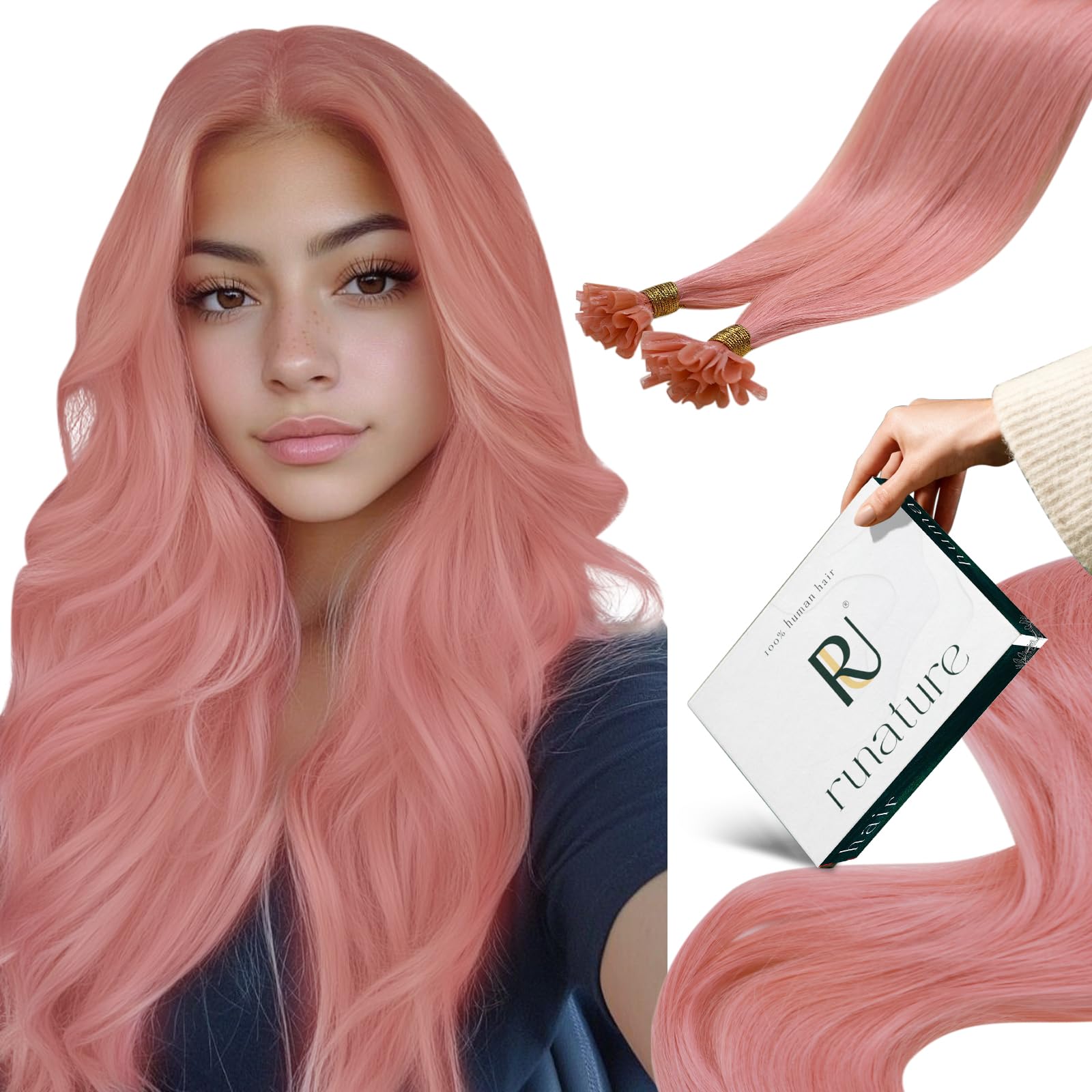 RUNATURE 20 Inch U Tip Hair Extensions Real Human Hair Pink U Tip Human Hair Extensions 25g 25s Remy K Tip Hair Extensions Real