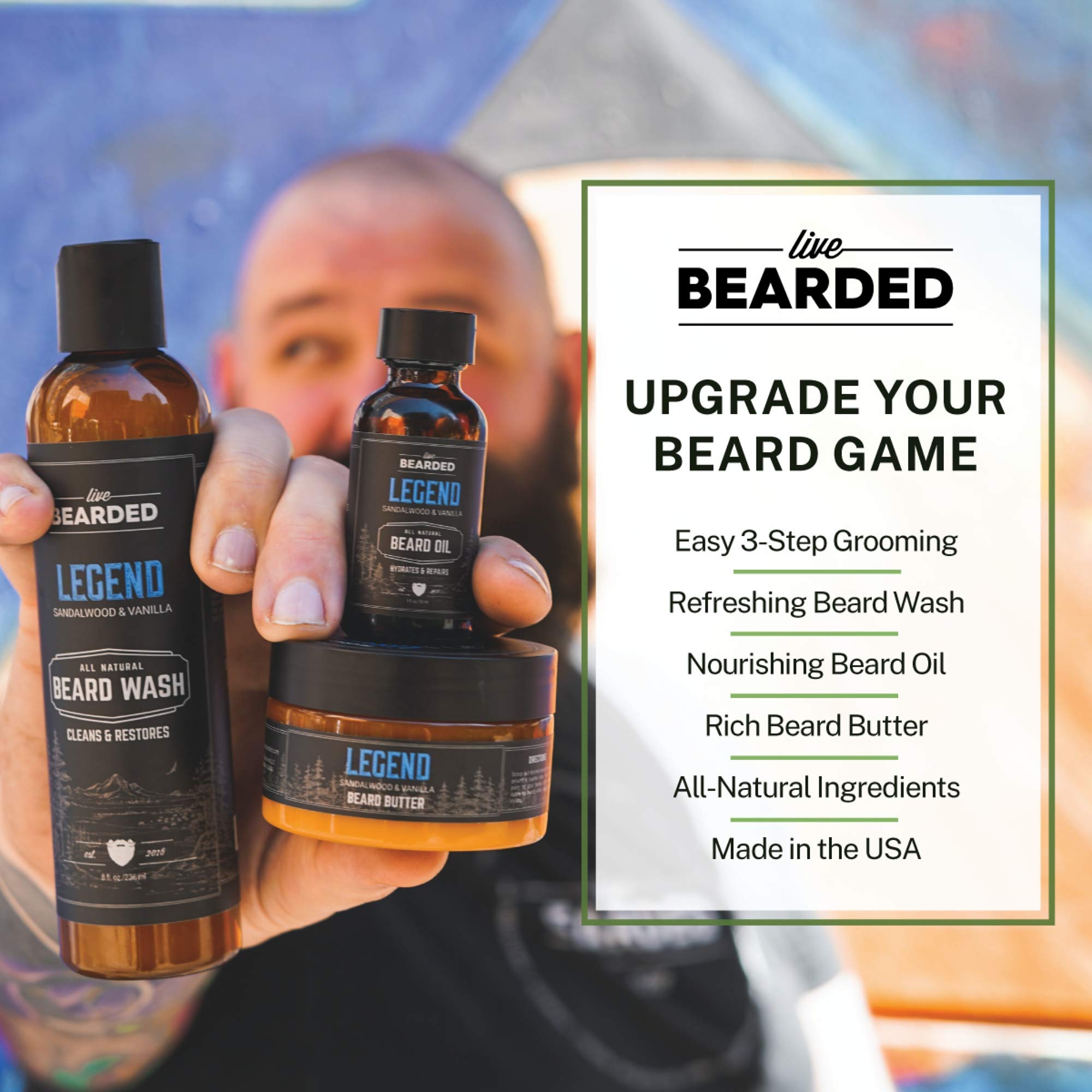 Live Bearded: 3-Step Beard Grooming Kit - Legend - Beard Wash, Beard Oil And Beard Butter - All-Natural Ingredients With Shea Bu