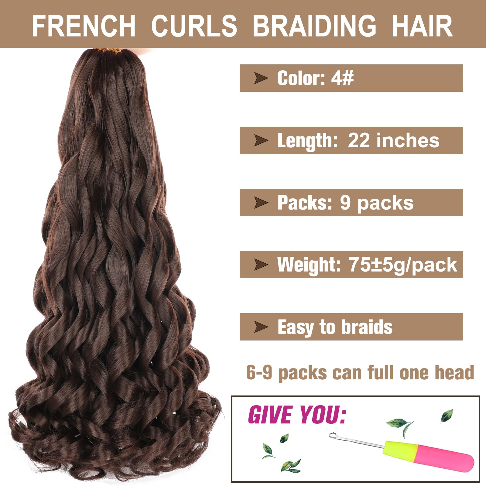 Cookoo 9 Packs French Curl Braiding Hair Dark Brown 22 Inch Loose Wave Bouncy Braiding Hair With Curly Ends Pre Stretched Yaki C