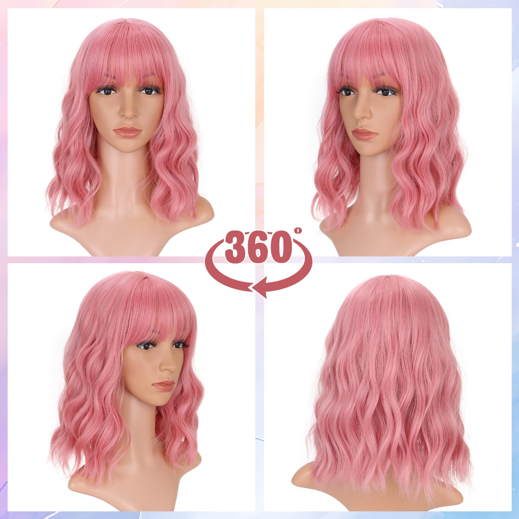 Vckovcko 14Inches Loose Wave Bob Wig Wavy Pink Bob Wig With Air Bang Curly Hair Wigs Synthetic Cosplay Party Wigs For Women (14I
