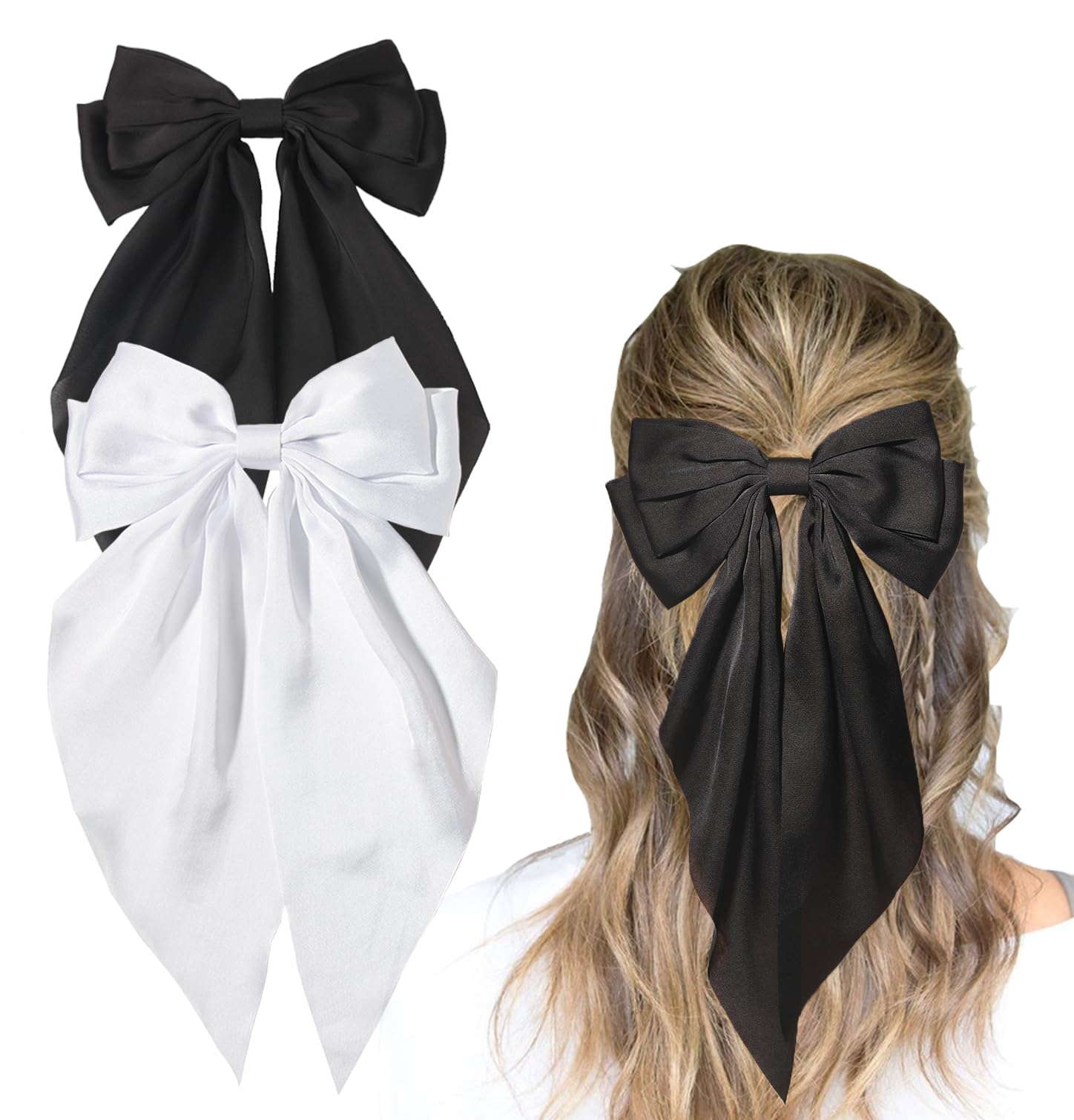 Furling Pompoms Hair Bow Clips Black Hair Bow White Hair Bow Big Satin Hair Bow Barrette Alligator Clips Long Tail Hair Accessor