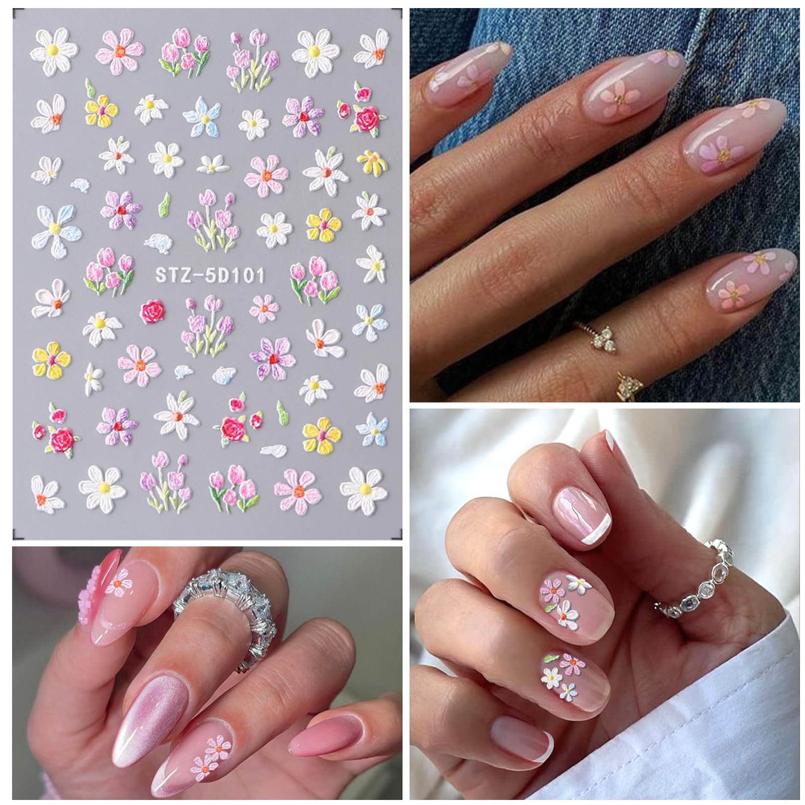 Votacos Flower Nail Art Stickers 7 Sheets 5D Nail Decals Spring Summer Nail Art Design 3D Self-Adhesive Nail Supplies White Yell