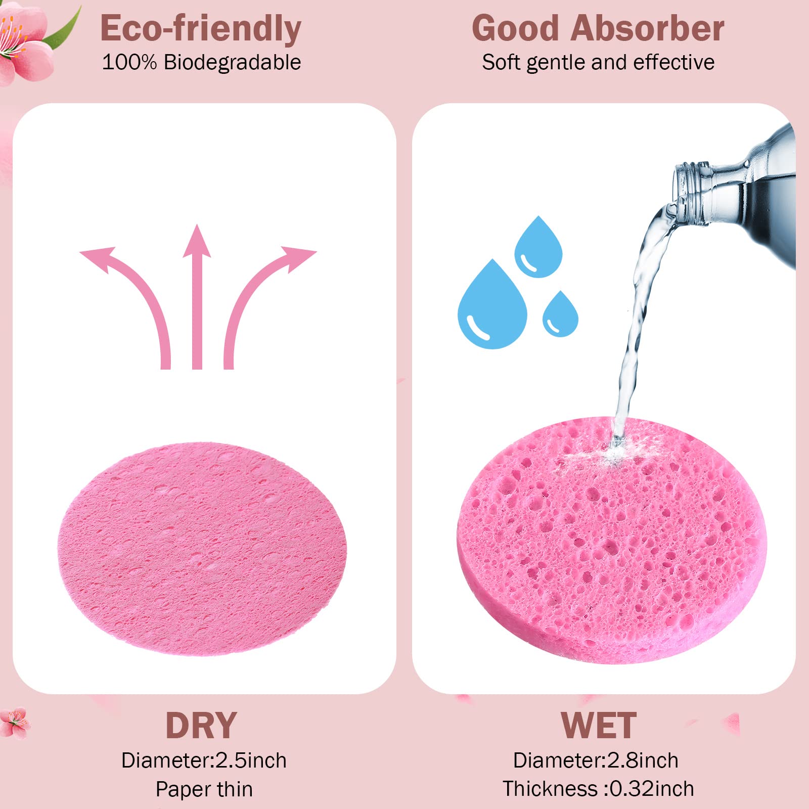 300 Count Compressed Facial Sponges Natural Face Sponges For Cleansing Disposable Facial Exfoliating Pads For Estheticians(Pink)