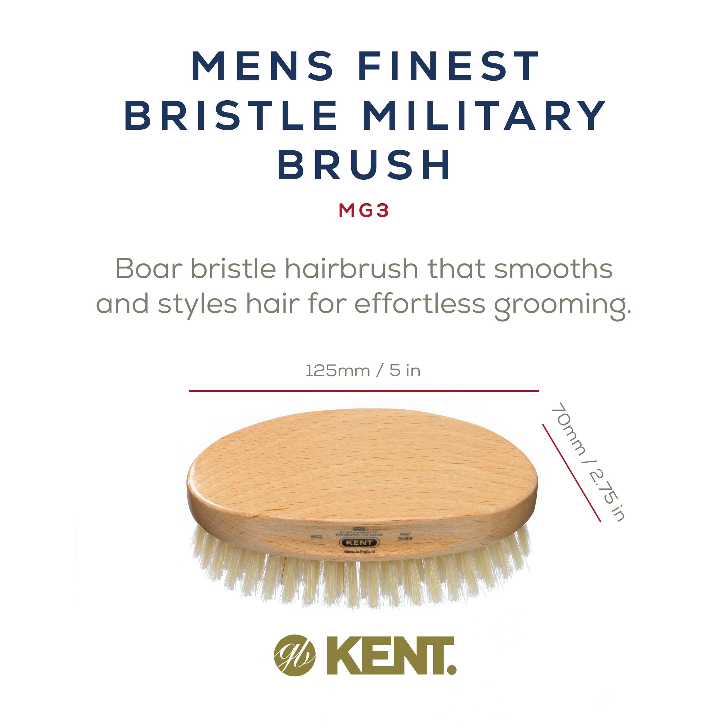 Kent MG3 Finest Men's Hair Brush & Beard Brush for Skin Care, Natural White Boar Bristle Brush for Mens Grooming, Scalp Brush, 3