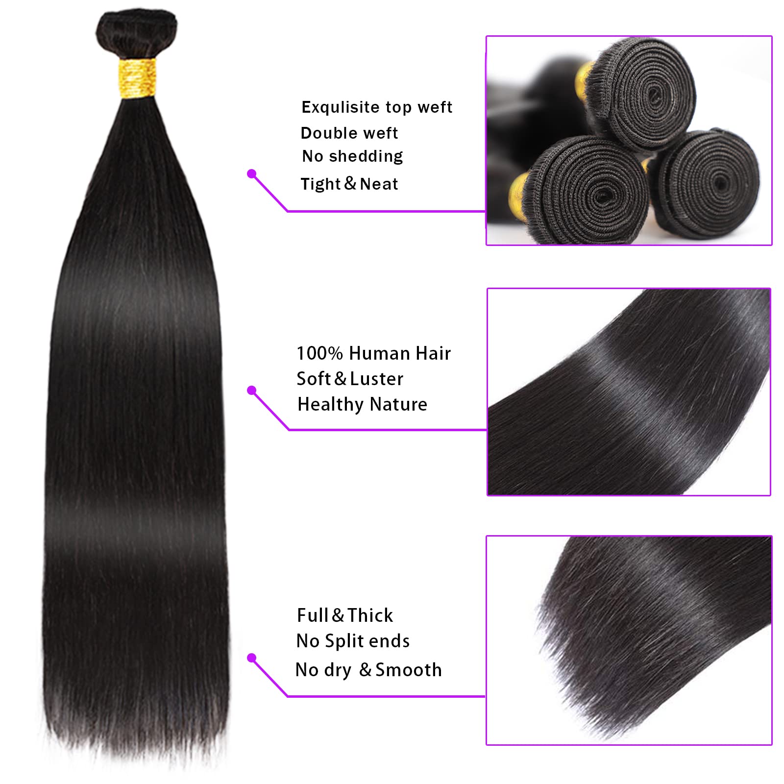Straight Bundles Human Hair (16 18 20 Inch) Human Hair 3 Bundles Brazilian Virgin Remy Black Hair Bundles Double Weft 100% Unpro