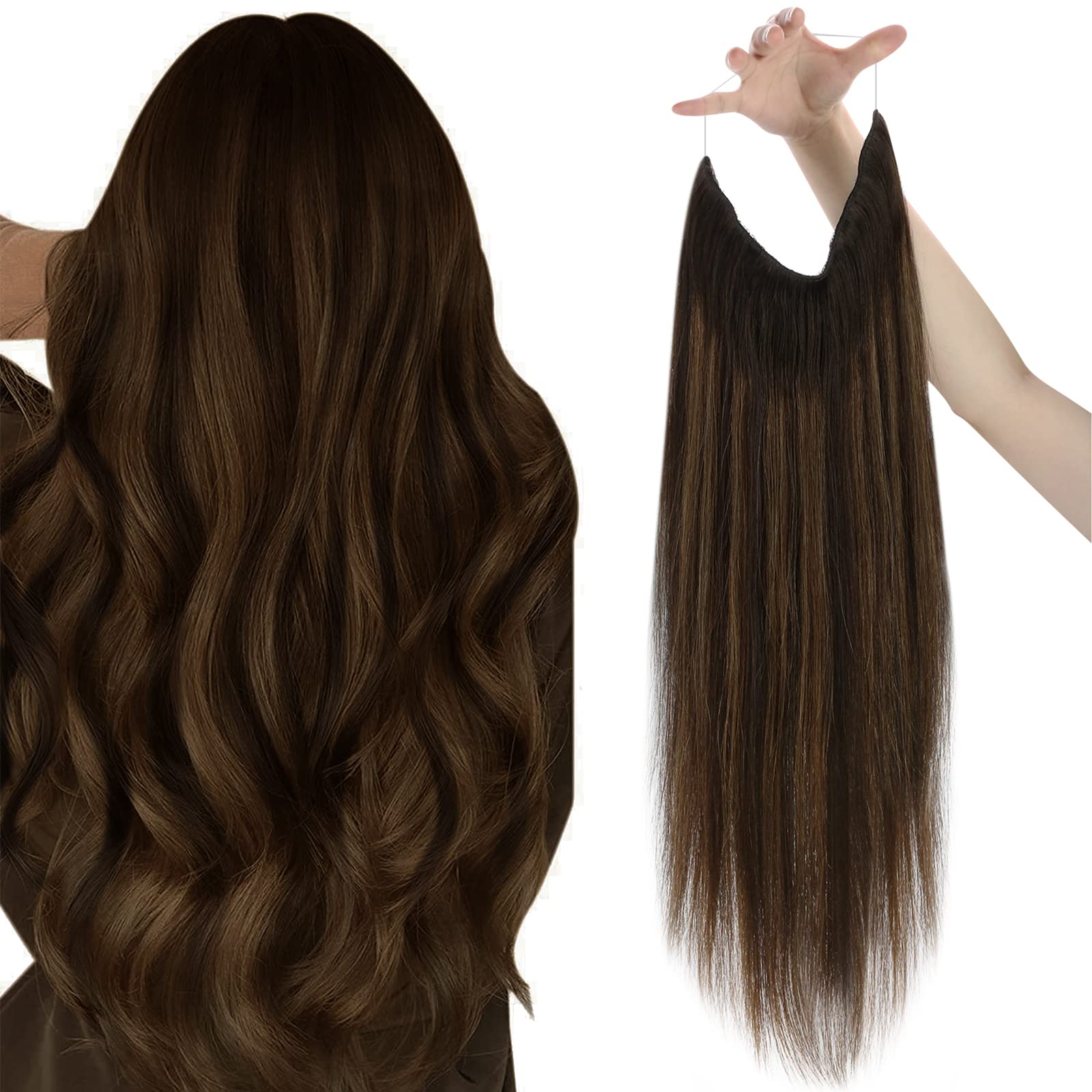 Sunny Wire Human Hair Extensions Brown Ombre Fishing Line Hair Extensions Balayage Dark Brown to Chestnut Brown Mix Brown Wire H